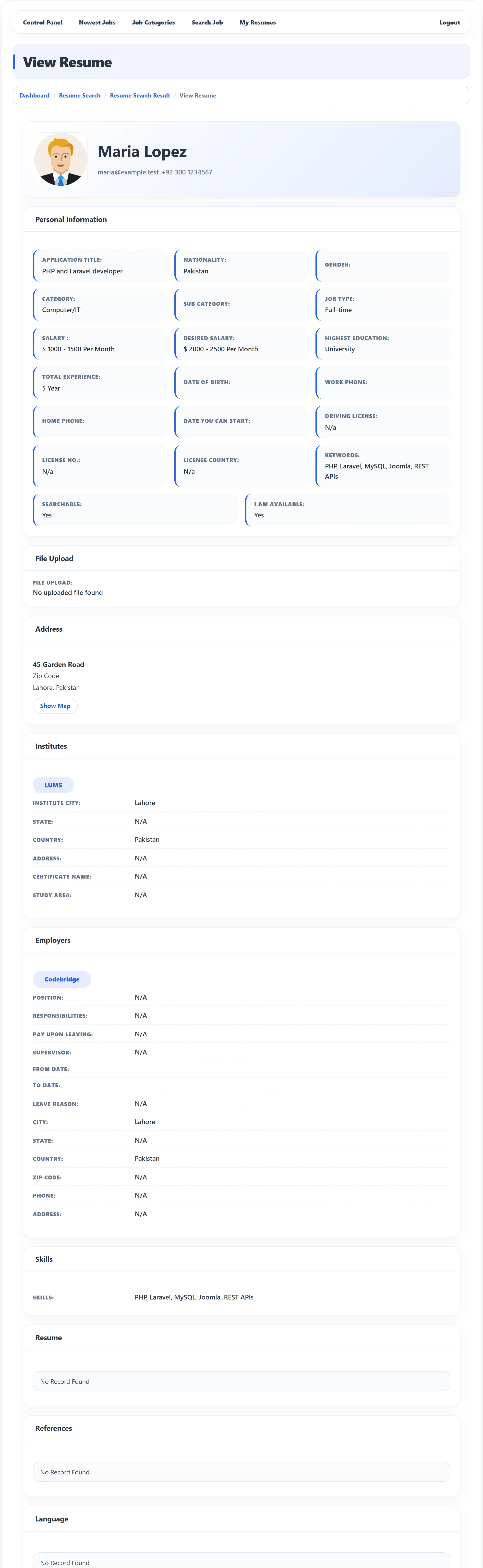 Maria Lopez’s resume as View Resume shows it: her name, e-mail and phone, Personal Information, File Upload, Address with Show Map, Institutes (LUMS), Employers (Codebridge), Skills, and the empty Resume, References and Language sections.