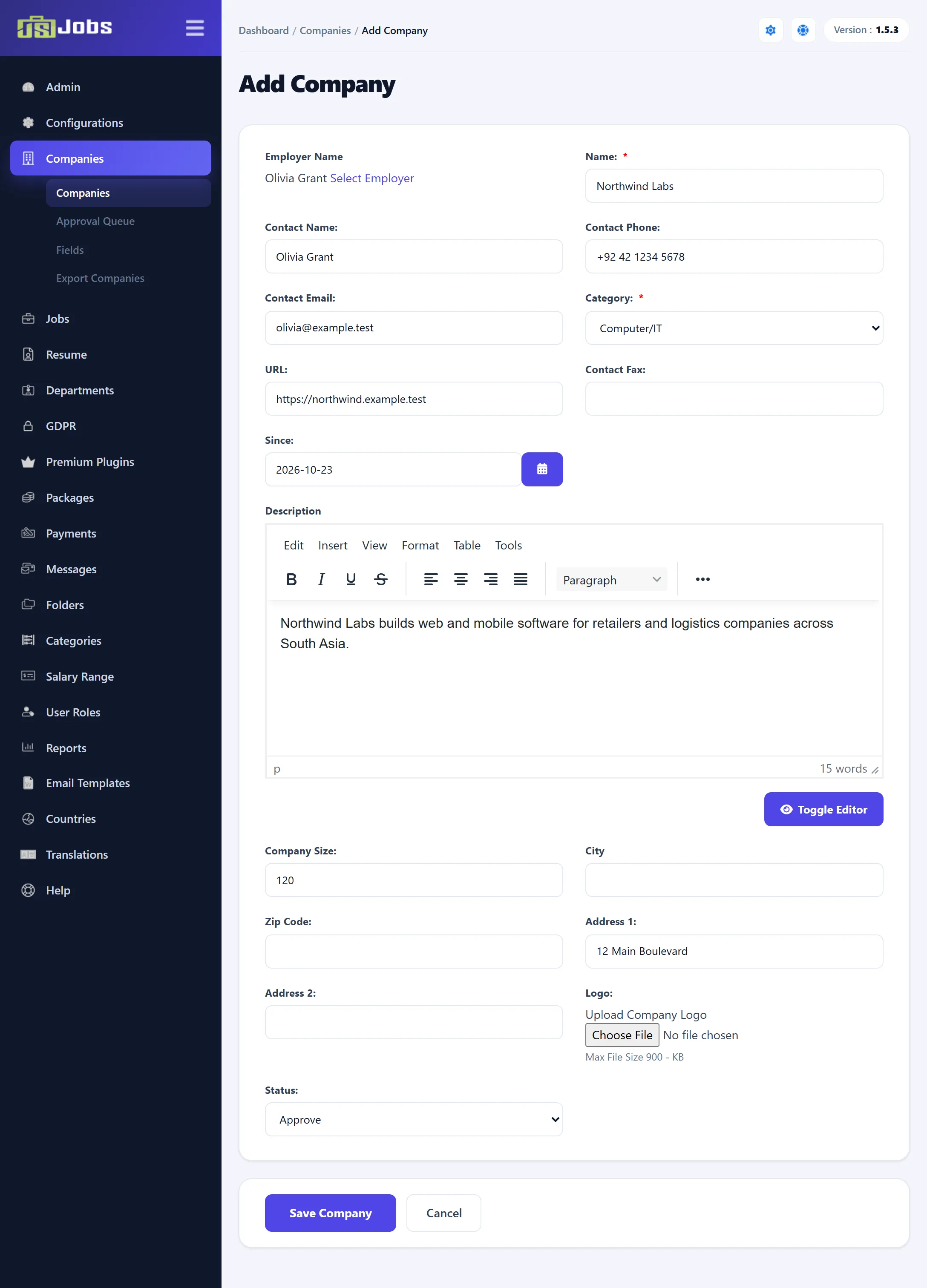The company form for the demo company Northwind Labs: Employer Name Olivia Grant with Select Employer, Name, Contact Name, Contact Phone, Contact Email, Category, URL, Contact Fax, Since, the Description editor, Company Size, City, Zip Code, Address 1, Address 2, Logo and Status.