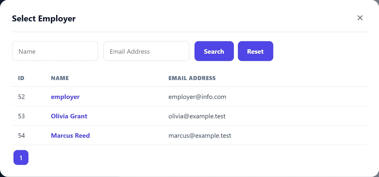 The Select Employer window with Name and Email Address search boxes, the Search and Reset buttons and the employers employer, Olivia Grant and Marcus Reed.