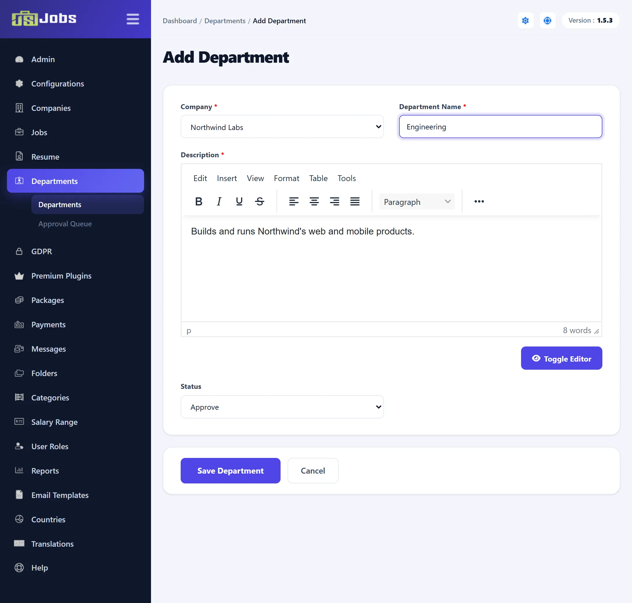 The Add Department form with Company set to Northwind Labs, Department Name Engineering, a short description in the editor and Status Approve.