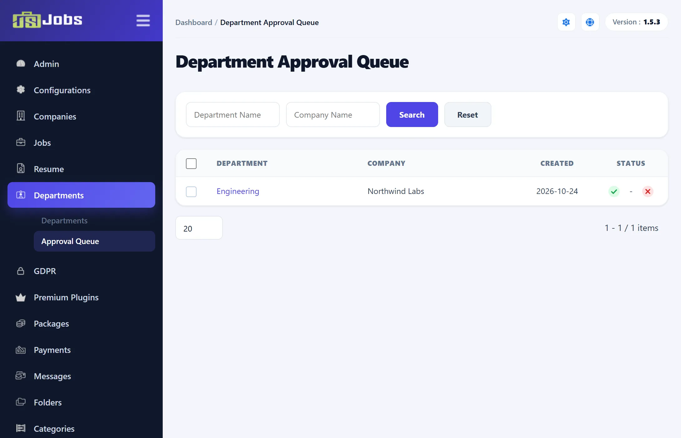 The Department Approval Queue with one waiting department, Engineering of Northwind Labs, and the approve and reject icons.