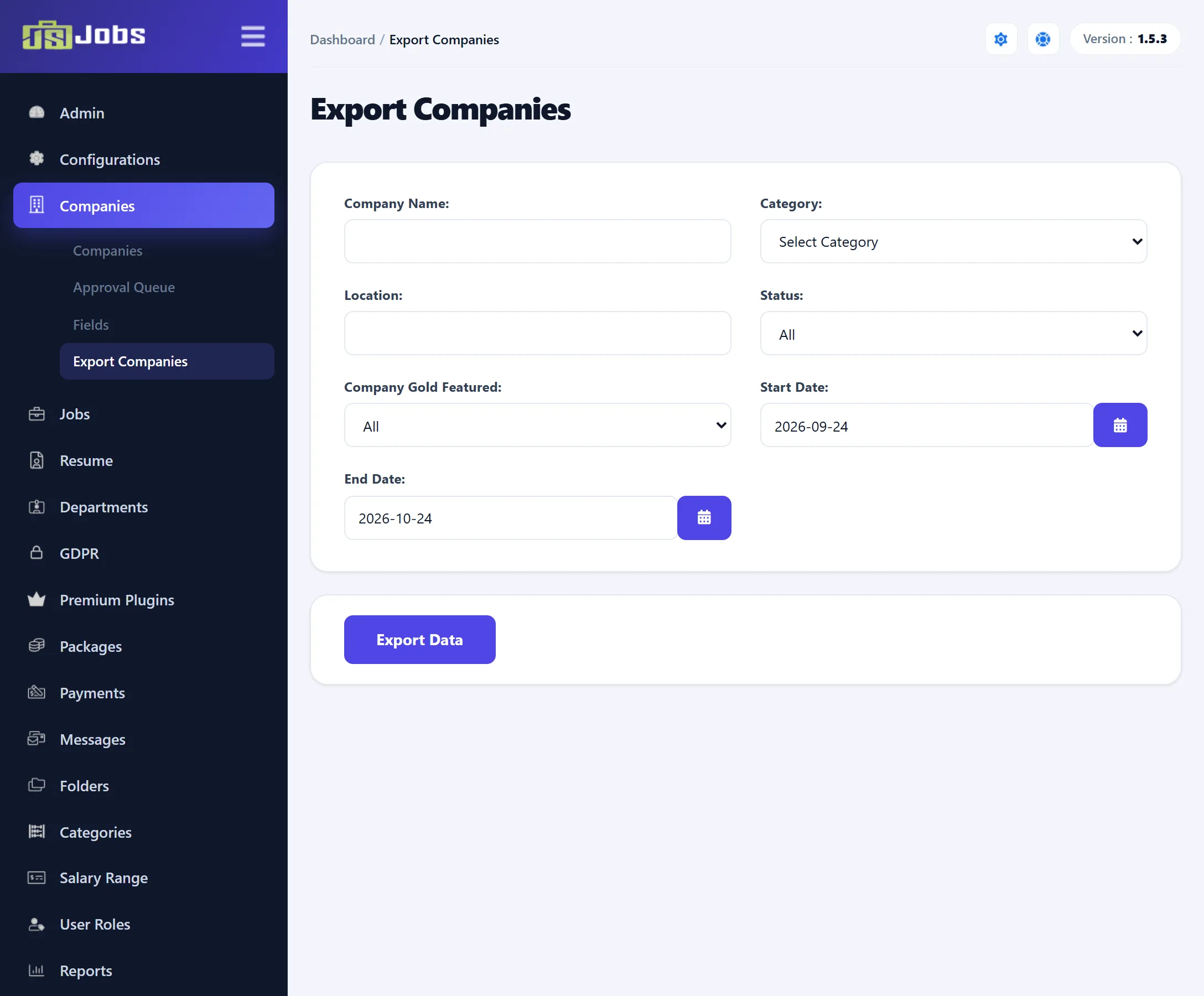 The Export Companies screen with the Company Name, Category, Location, Status and Company Gold Featured filters, Start Date and End Date, and the Export Data button.