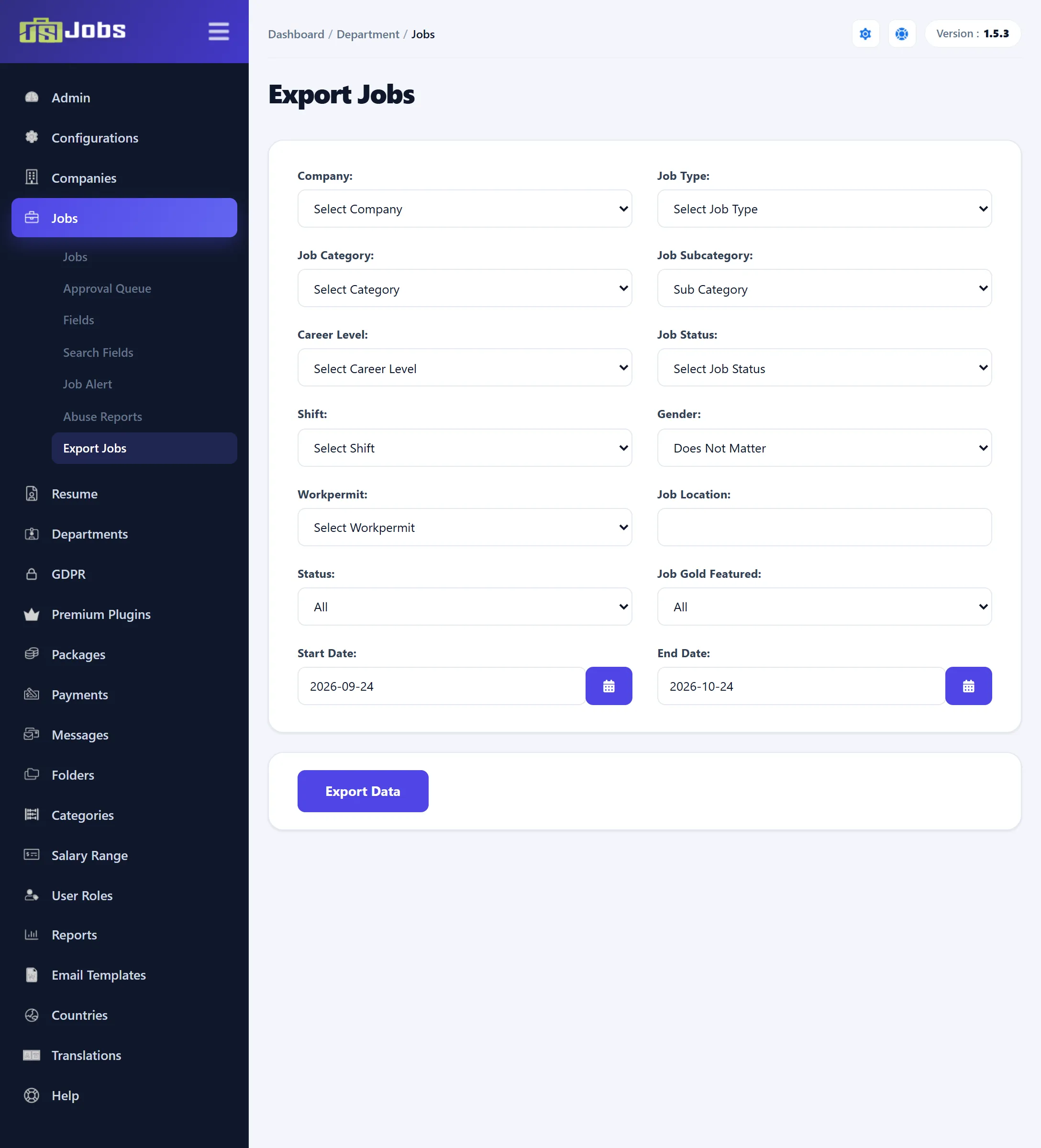 The Export Jobs screen with the Company, Job Type, Job Category, Job Subcategory, Career Level, Job Status, Shift, Gender, Workpermit, Job Location, Status and Job Gold Featured filters, Start Date and End Date, and the Export Data button.