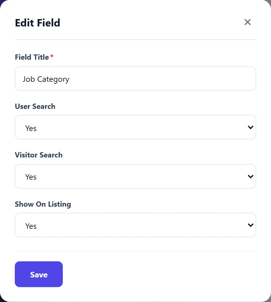 The Edit Field window for Job Category, with Field Title, User Search, Visitor Search and Show On Listing set to Yes, the Save button.
