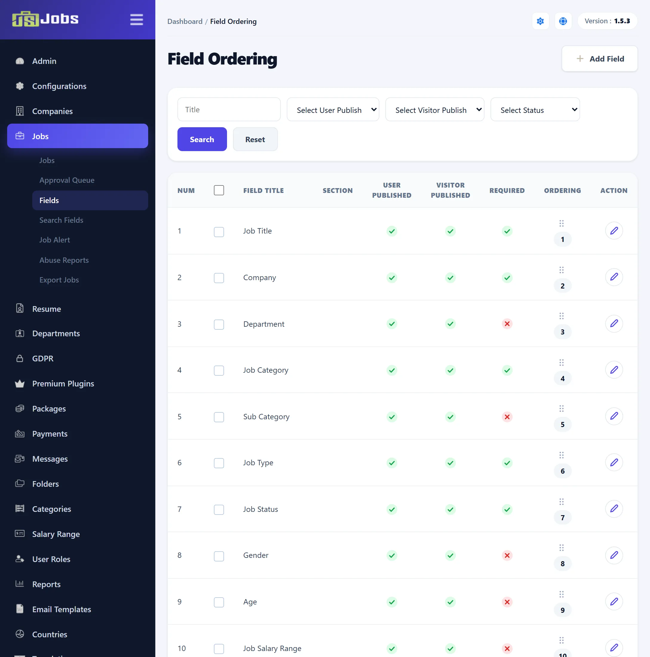 The Field Ordering screen for jobs, listing Job Title, Company, Department, Job Category and the other job fields with ticks for User Published, Visitor Published and Required, the ordering numbers with drag handles, and an edit icon on each row.