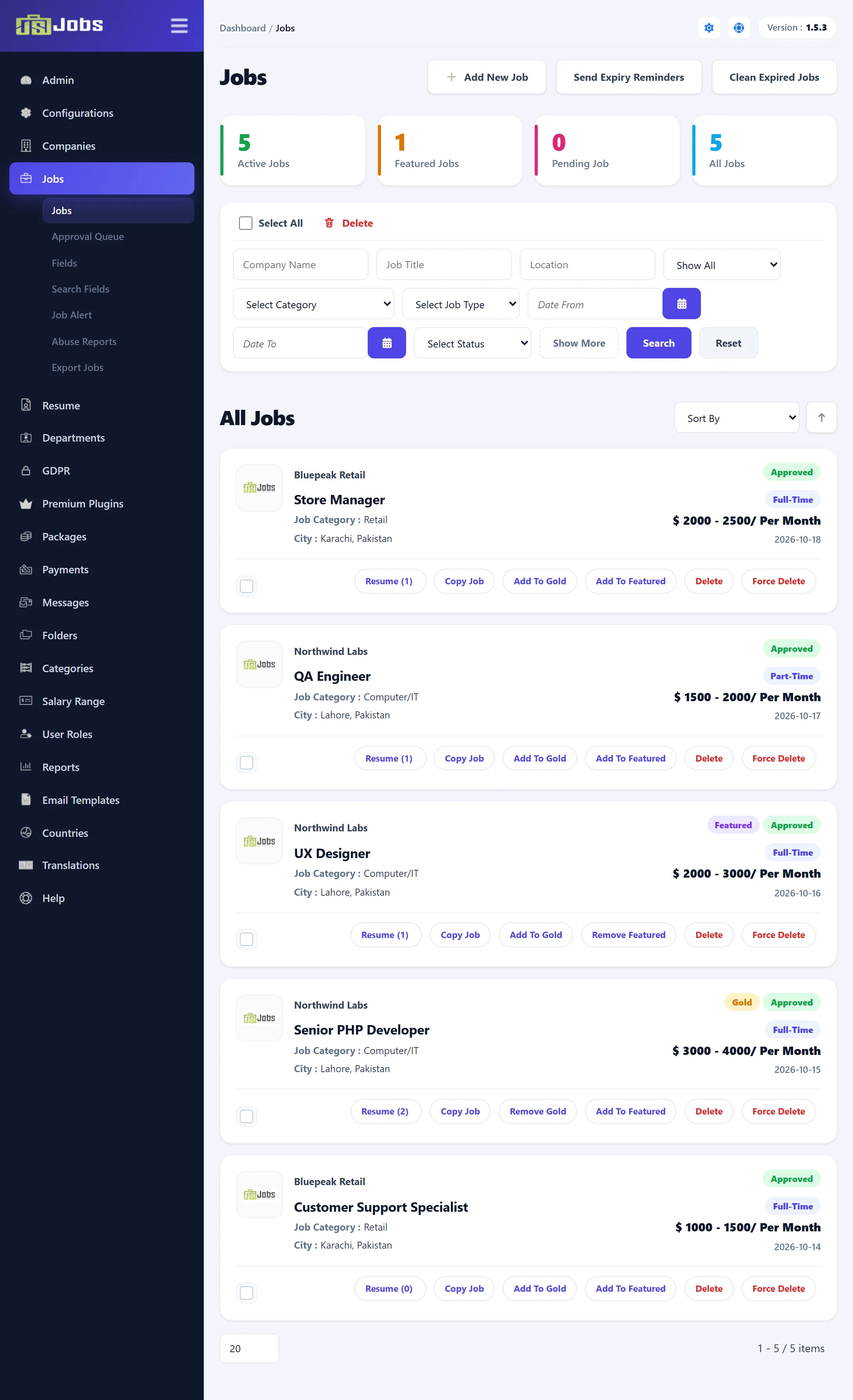 The Jobs screen with the counters Active Jobs 5, Featured Jobs 1, Pending Job 0 and All Jobs 5, the Add New Job, Send Expiry Reminders and Clean Expired Jobs buttons, the filters, and the five demo jobs from Northwind Labs and Bluepeak Retail, each with its company, category, city, job type, salary and date, with UX Designer marked Featured and Senior PHP Developer marked Gold.
