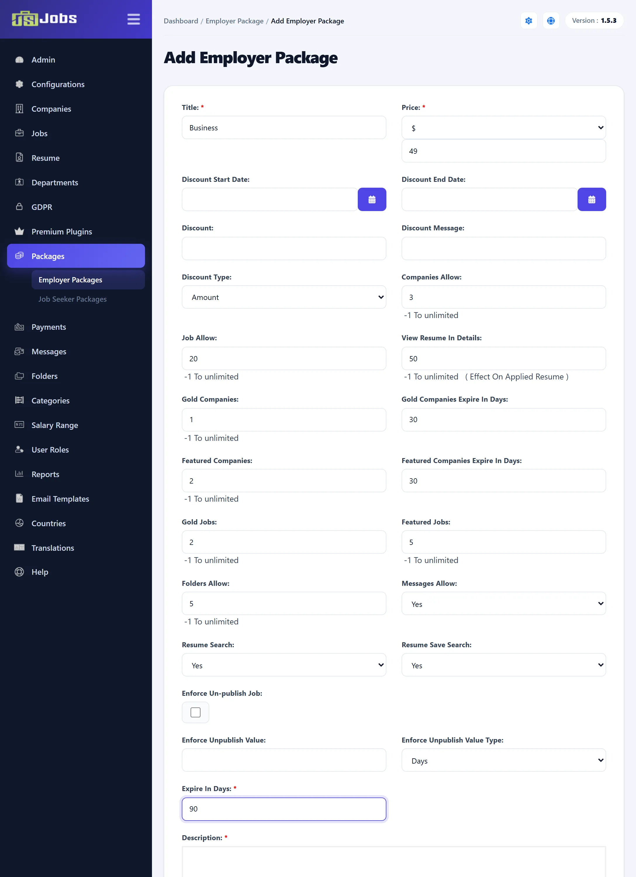 The Add Employer Package form filled in for a “Business” package: price 49, 3 companies, 20 jobs, 50 resume views, 2 gold and 5 featured jobs, 90 days.