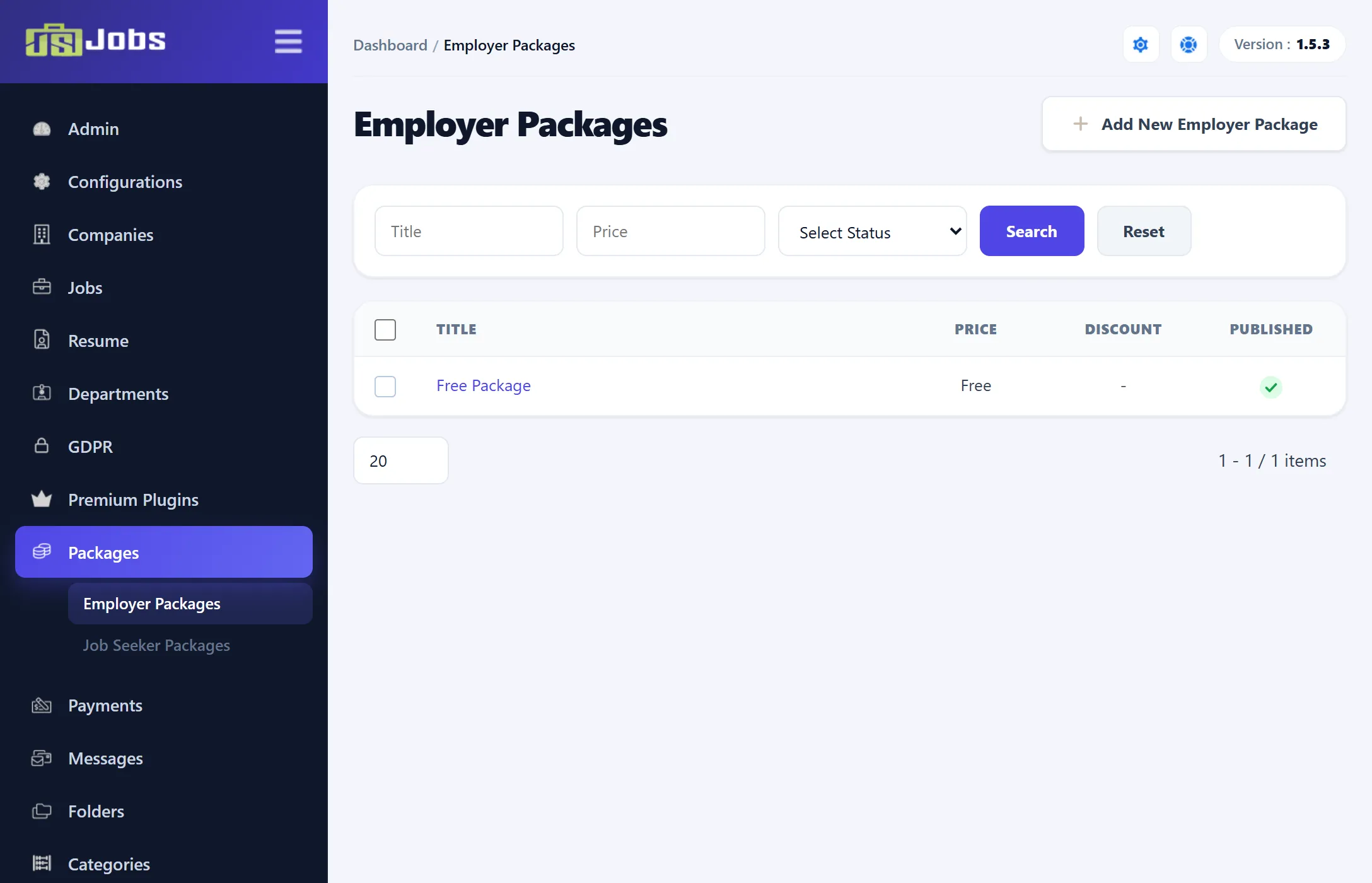 The Employer Packages list with Title, Price and Status filters, Search and Reset buttons, and the install’s Free Package showing Free, no discount and a green Published tick.