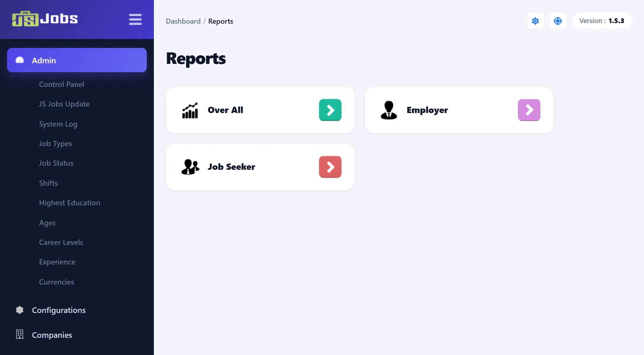 The Reports screen with three cards: Over All, Employer and Job Seeker.