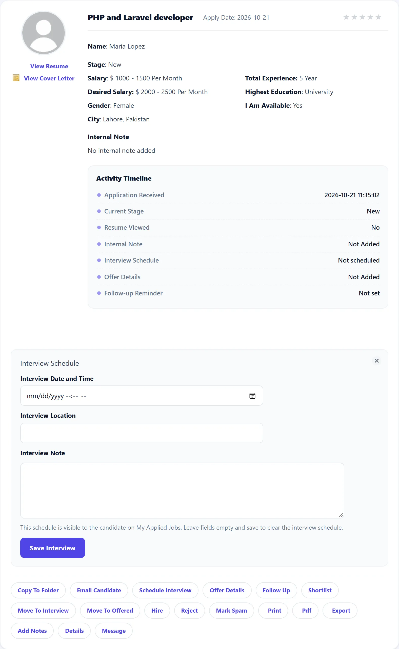 The Interview Schedule form under Maria Lopez’s application: Interview Date and Time, Interview Location and Interview Note, with the help text and the Save Interview button.