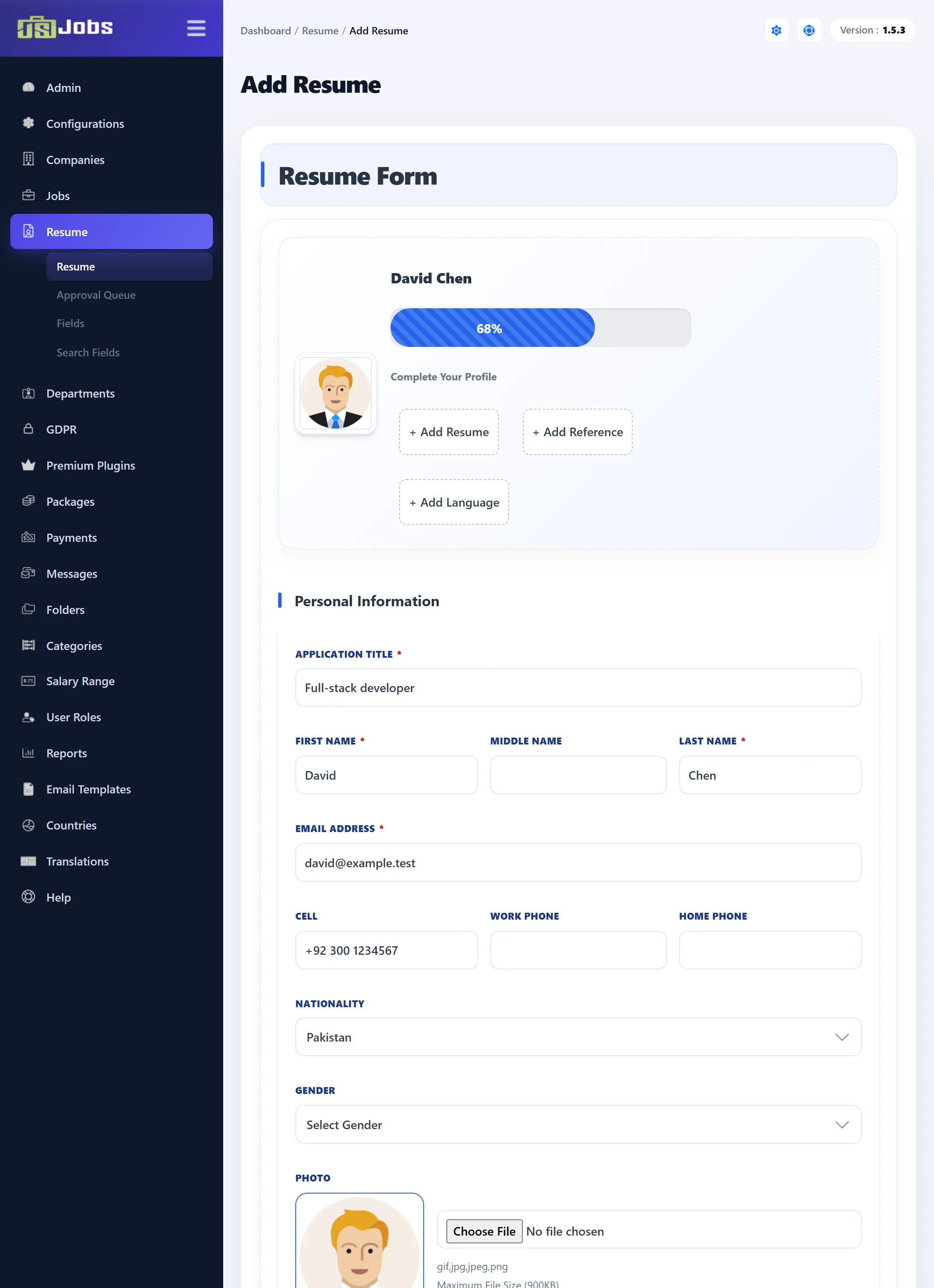 The resume form for David Chen: the Complete Your Profile box at 68% with Add Resume, Add Reference and Add Language buttons, then the Personal Information section with Application Title, name, e-mail, phone, nationality, gender and photo.