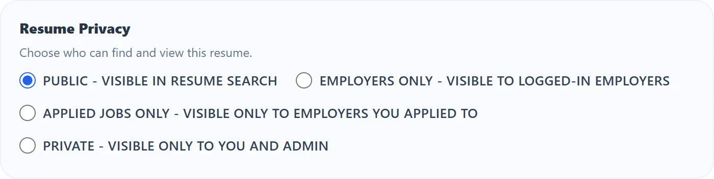 The Resume Privacy box: “Choose who can find and view this resume.” and the four options Public, Employers only, Applied jobs only and Private, with Public selected.