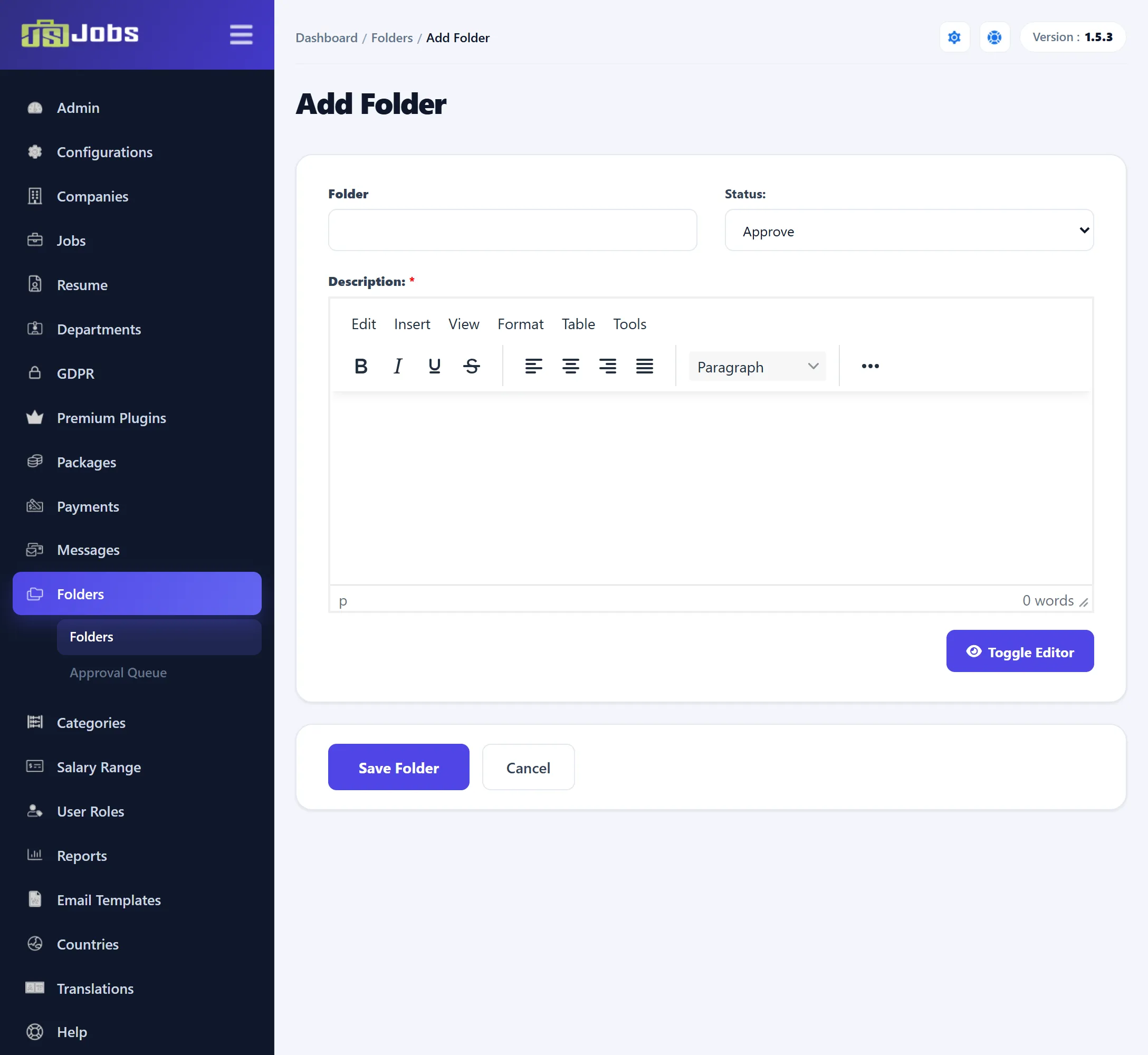 The Add Folder form: Folder name, Status set to Approve, Description in Joomla’s editor, and the Save Folder and Cancel buttons.