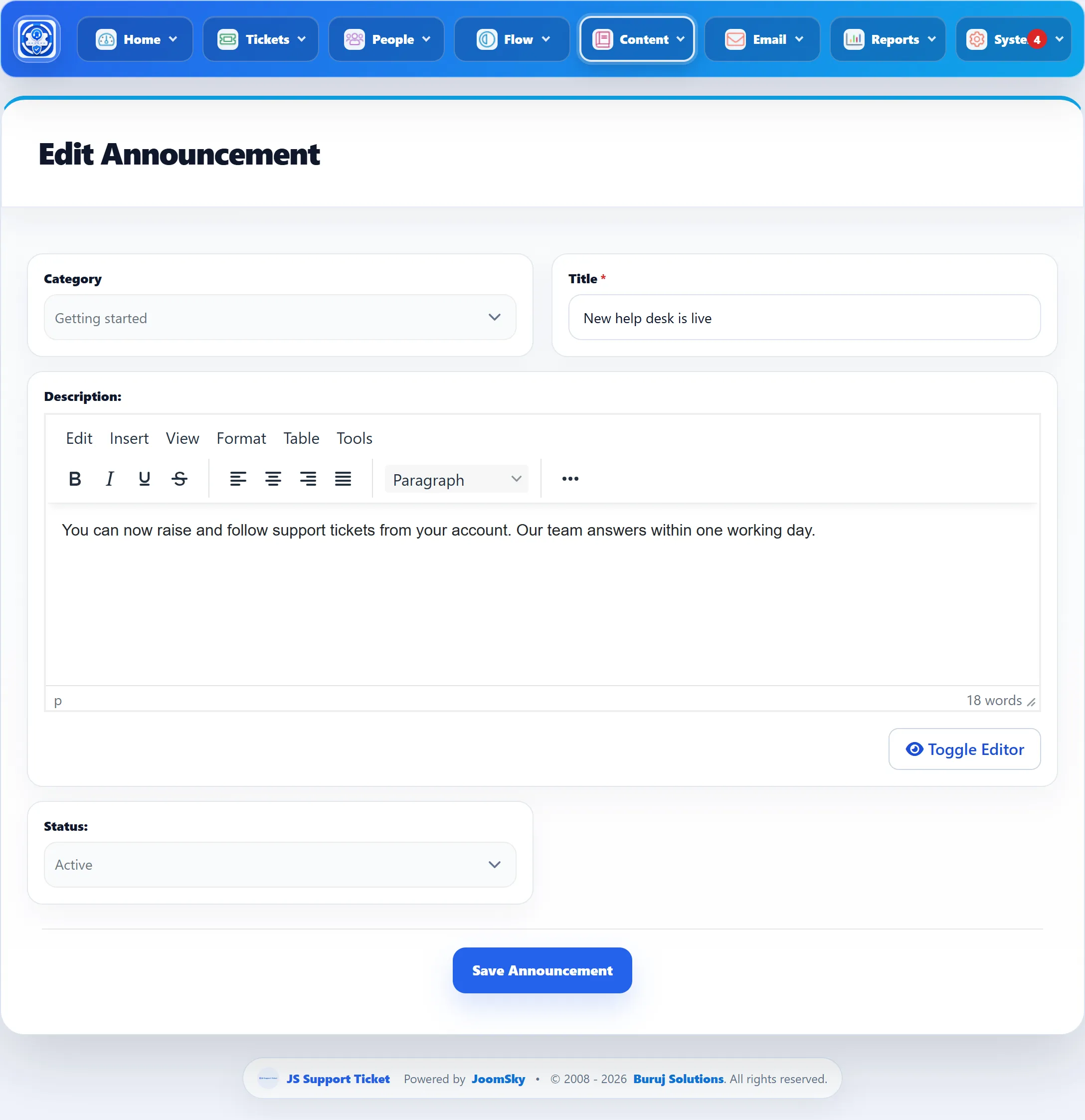 The Edit Announcement form for “New help desk is live”: Category, Title, the Description editor and Status.