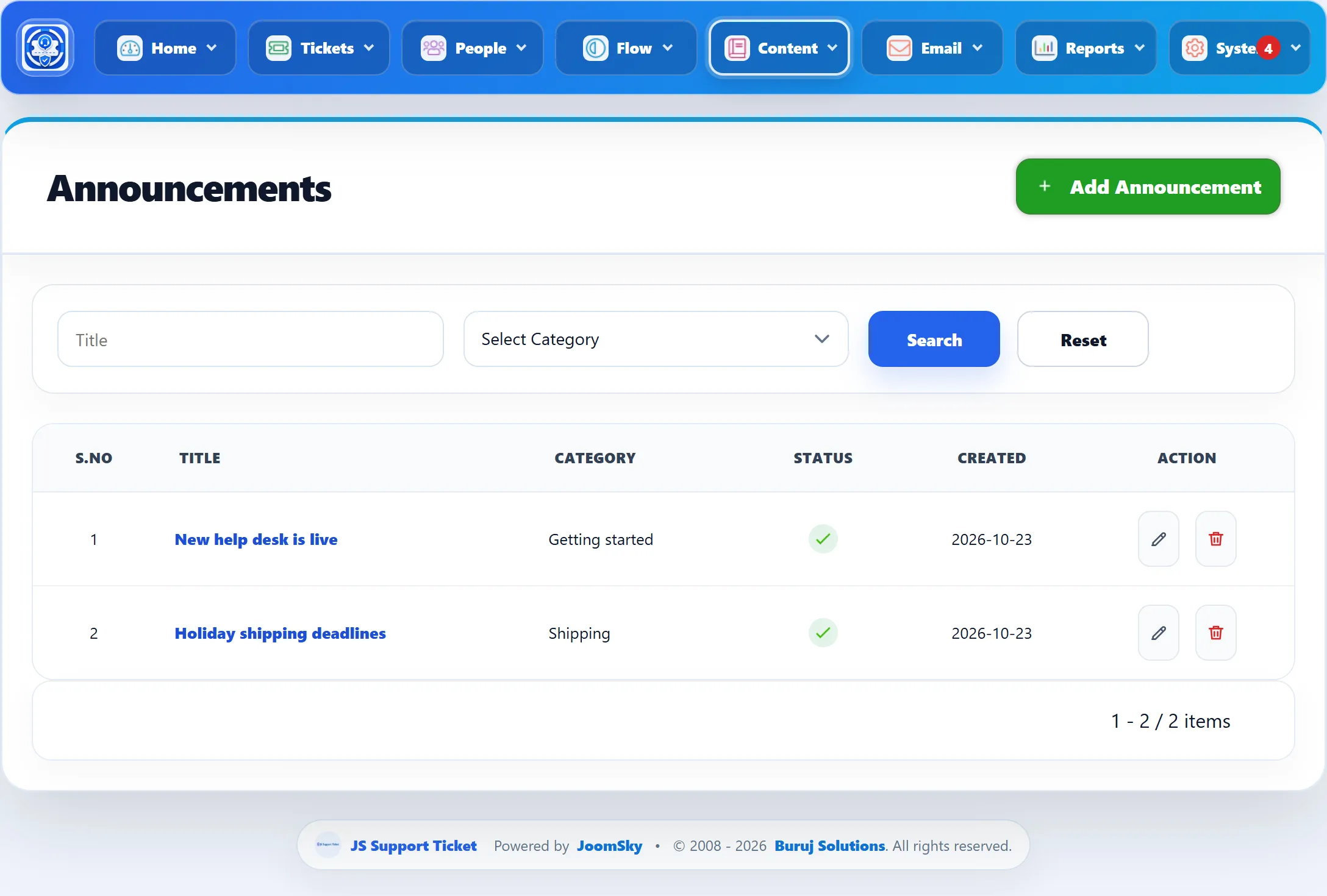 The Announcements list: two announcements with their category, status and created date, and edit and delete buttons.