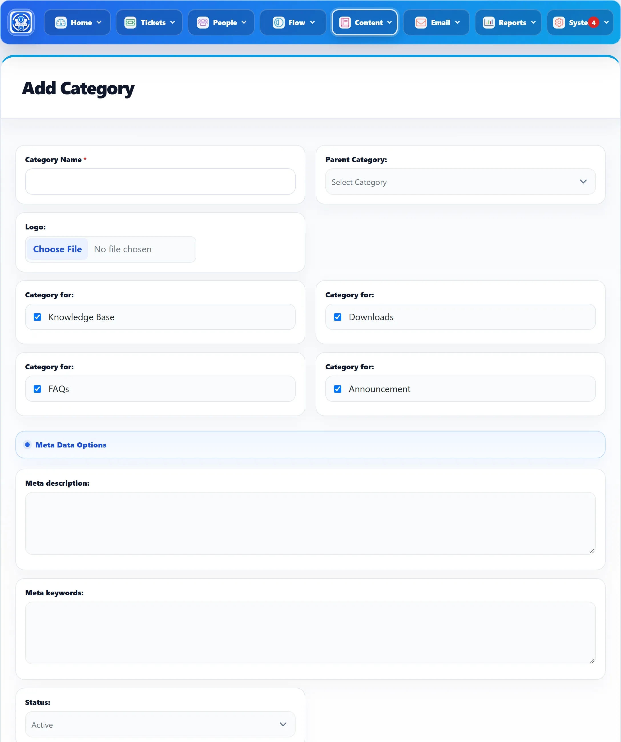 The Add Category form: Category Name, Parent Category, Logo, four Category for checkboxes (Knowledge Base, Downloads, FAQs, Announcement), Meta description, Meta keywords and Status.