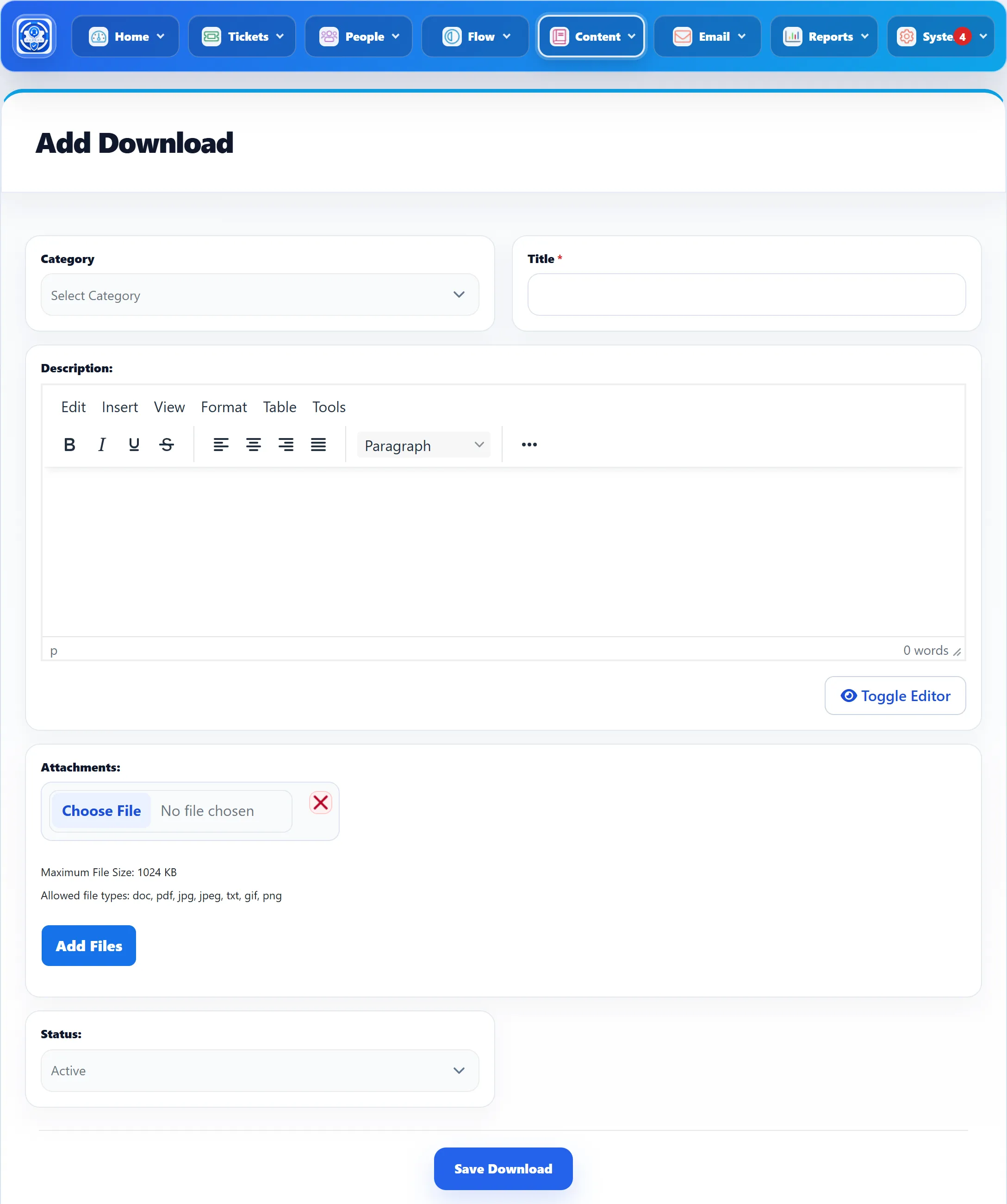 The Add Download form: Category, Title, the Description editor, Attachments with a file box and Add Files, and Status.