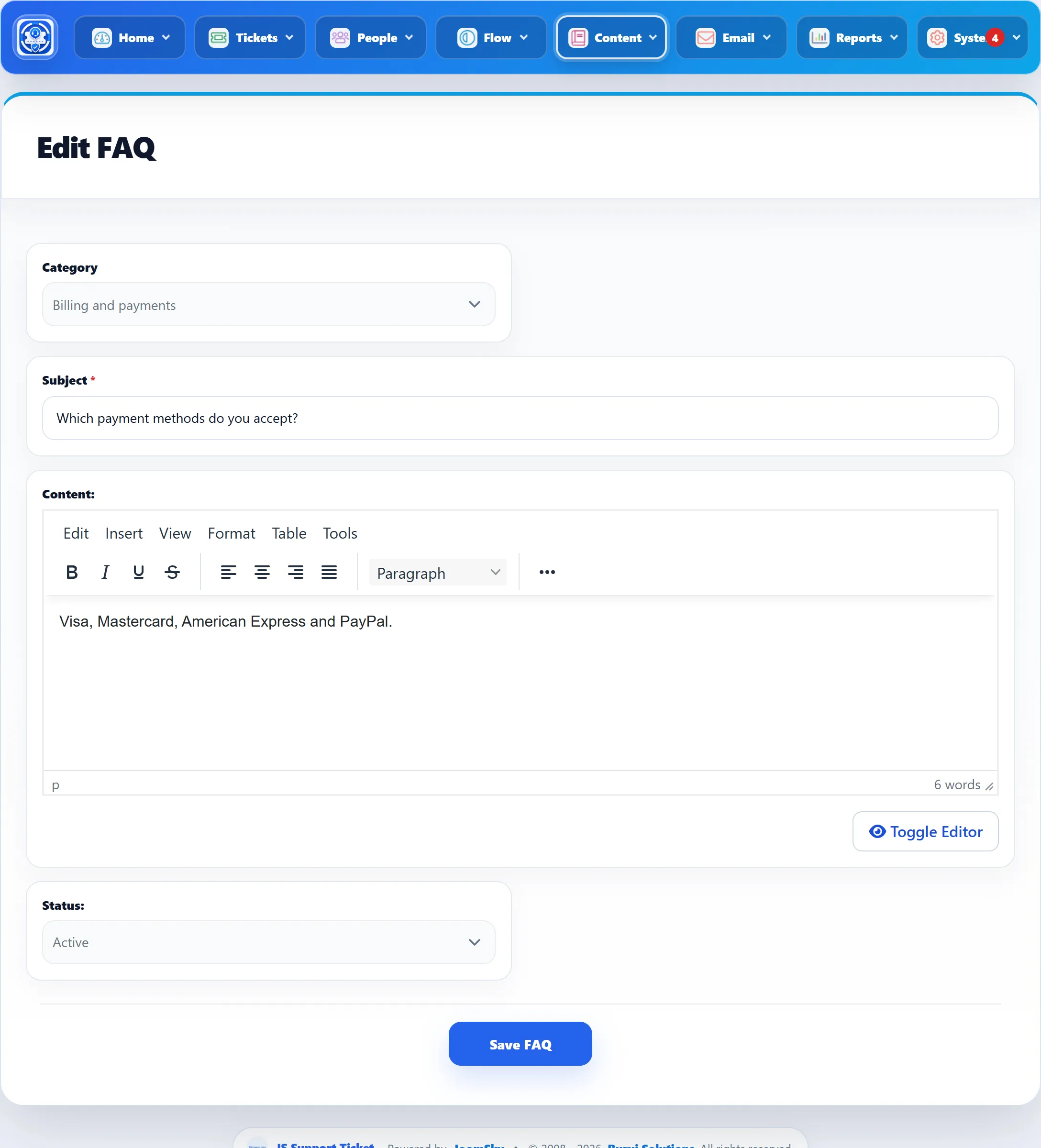 The Edit FAQ form: Category, Subject, the Content editor and Status, with the Save FAQ button.
