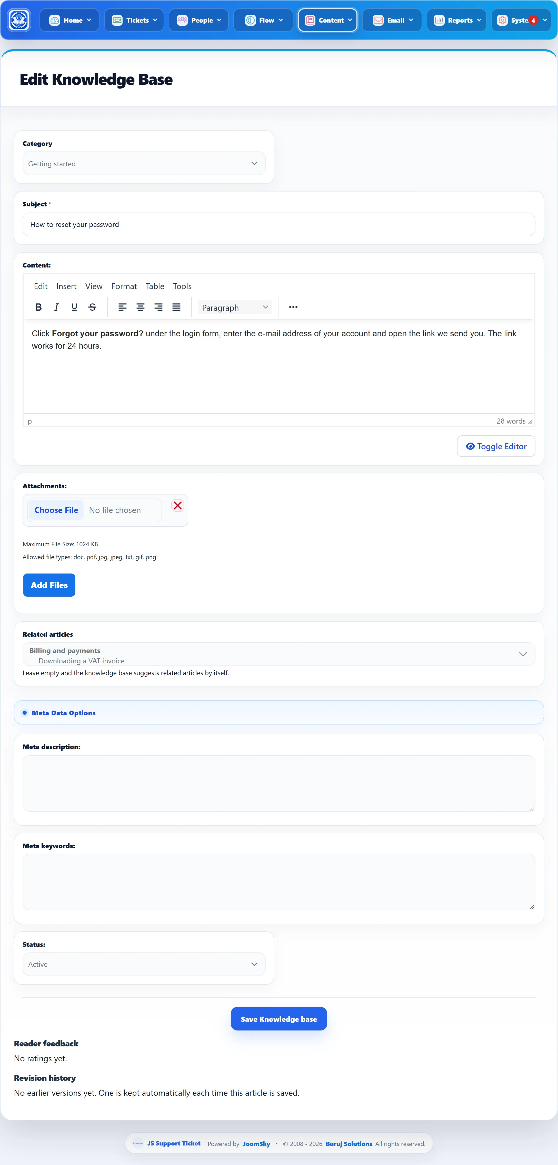 The Edit Knowledge Base form for “How to reset your password”: Category, Subject, the Content editor, Attachments with Add Files, Related articles, Meta description, Meta keywords and Status.