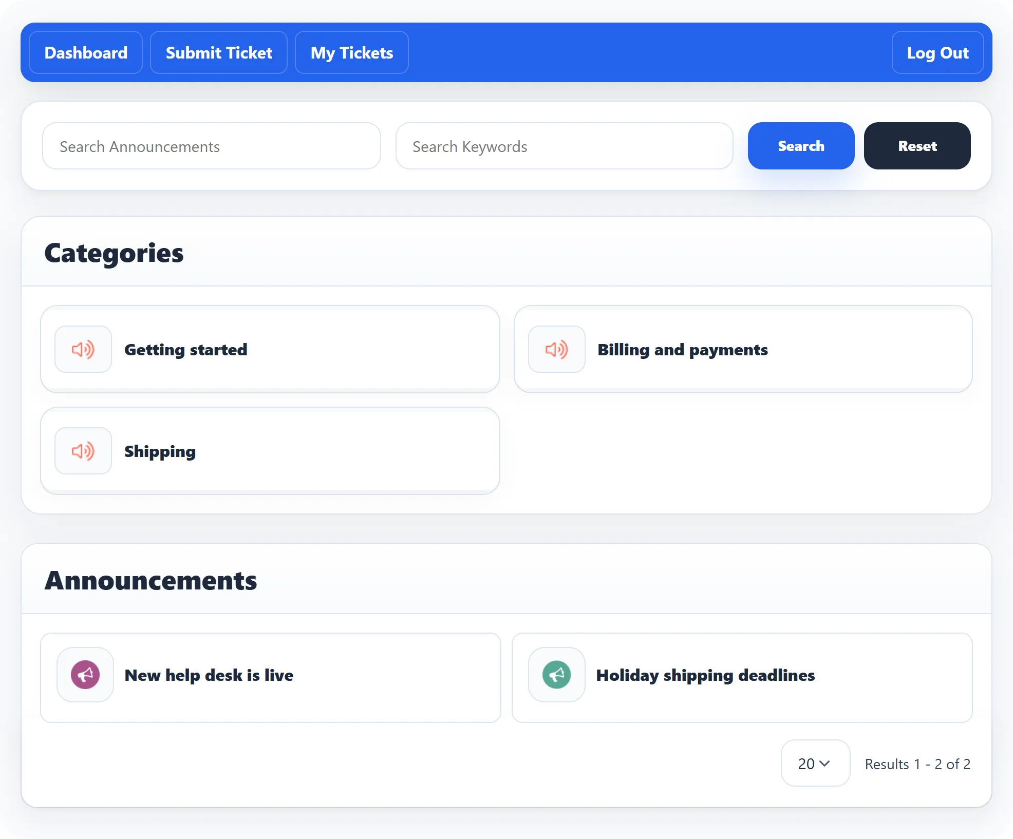 The Announcements page: Search Announcements and Search Keywords boxes, the three categories, and two announcements: New help desk is live and Holiday shipping deadlines.