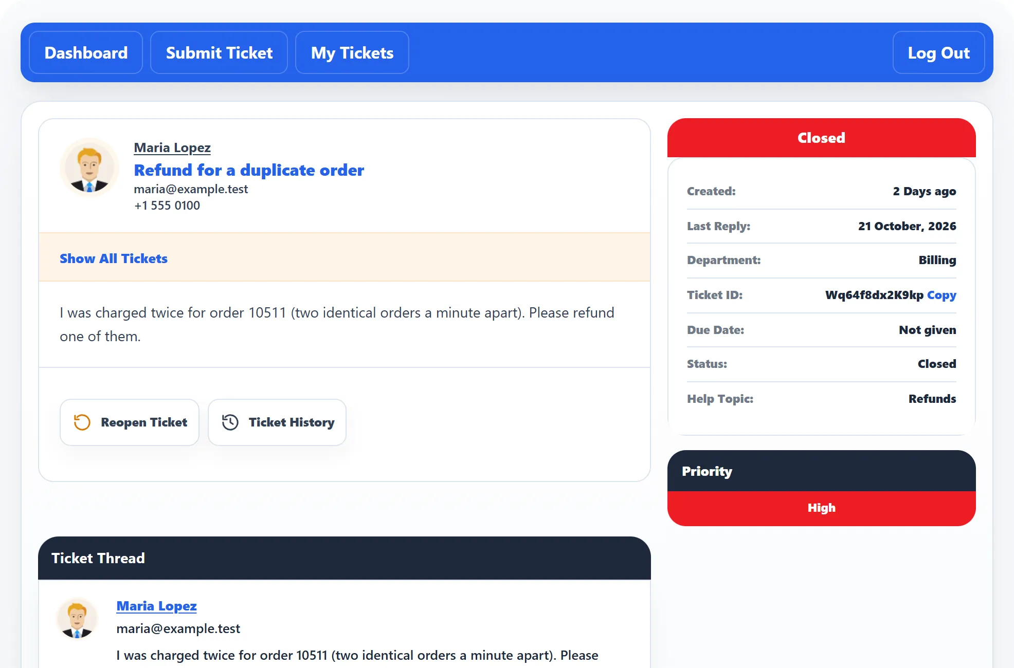 Maria’s closed ticket Refund for a duplicate order, with the red Closed status and the Reopen Ticket and Ticket History buttons.