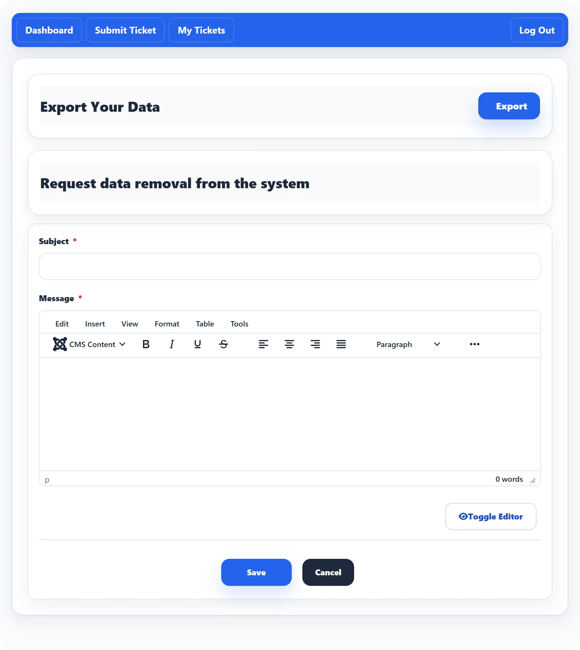 The Delete my data page for Maria Lopez: Export Your Data with an Export button, then Request data removal from the system with Subject and Message boxes and the Save and Cancel buttons.