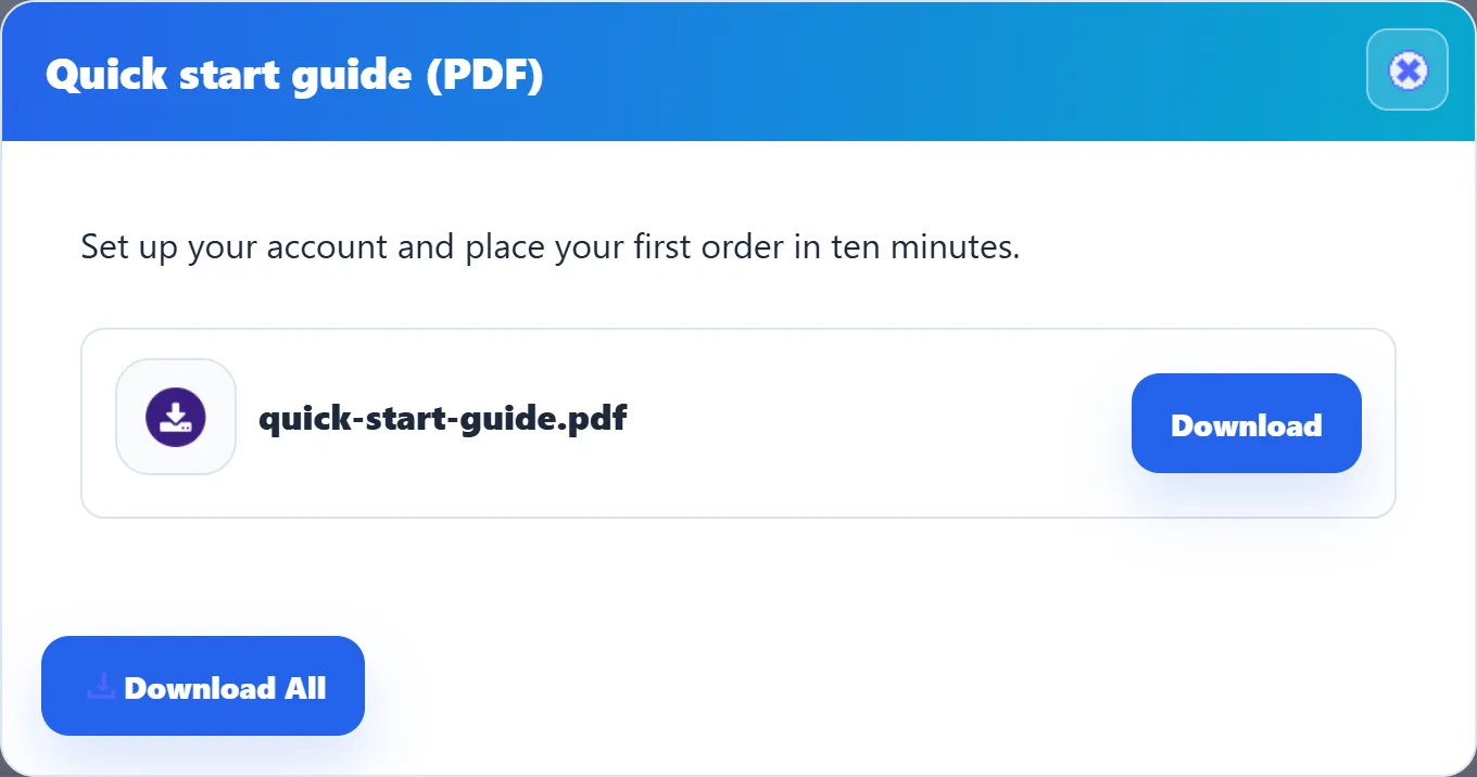 The Downloads page with the window for one download open, showing its description, its file with a Download button, and Download All.