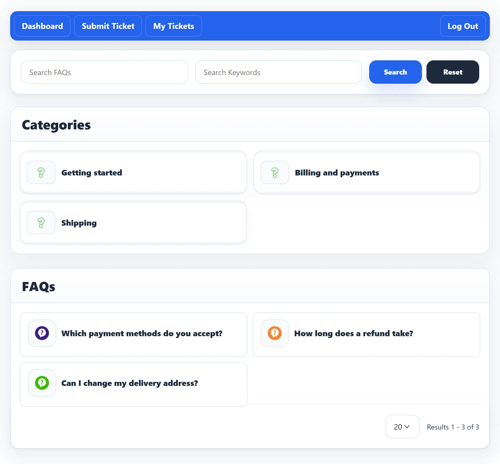 The FAQs page: Search FAQs and Search Keywords boxes, the categories Getting started, Billing and payments and Shipping, and three questions: Which payment methods do you accept?, How long does a refund take? and Can I change my delivery address?