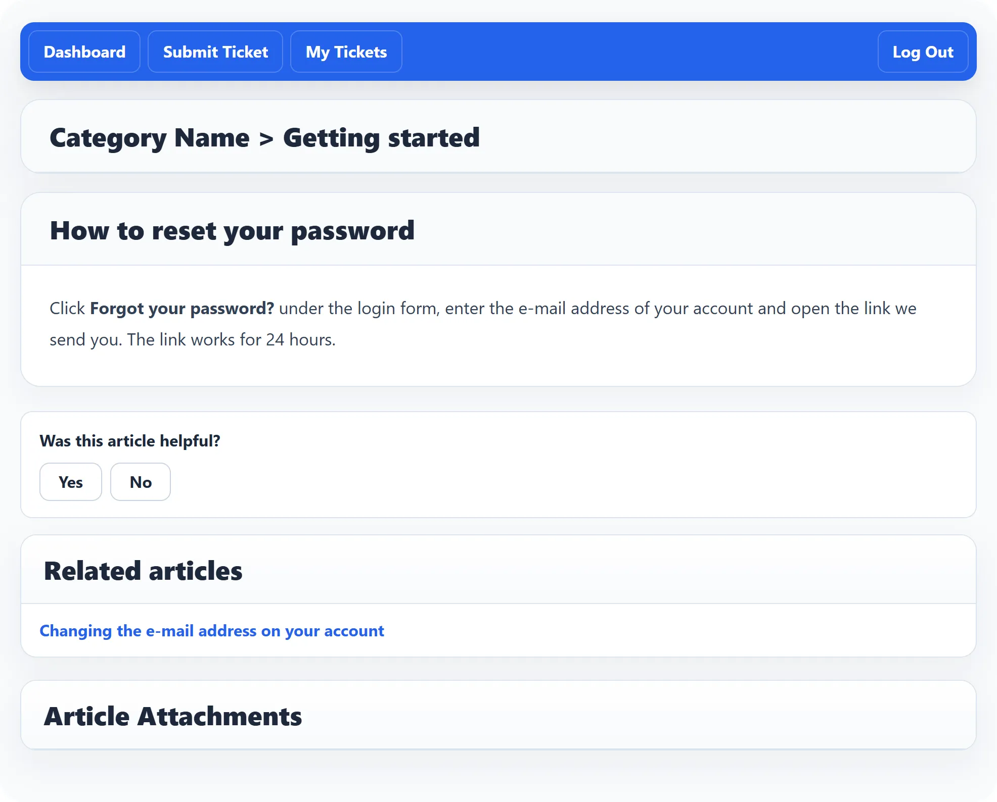 The article How to reset your password, in the Getting started category, with the question Was this article helpful? and Yes and No buttons, and a Related articles list with Changing the e-mail address on your account.