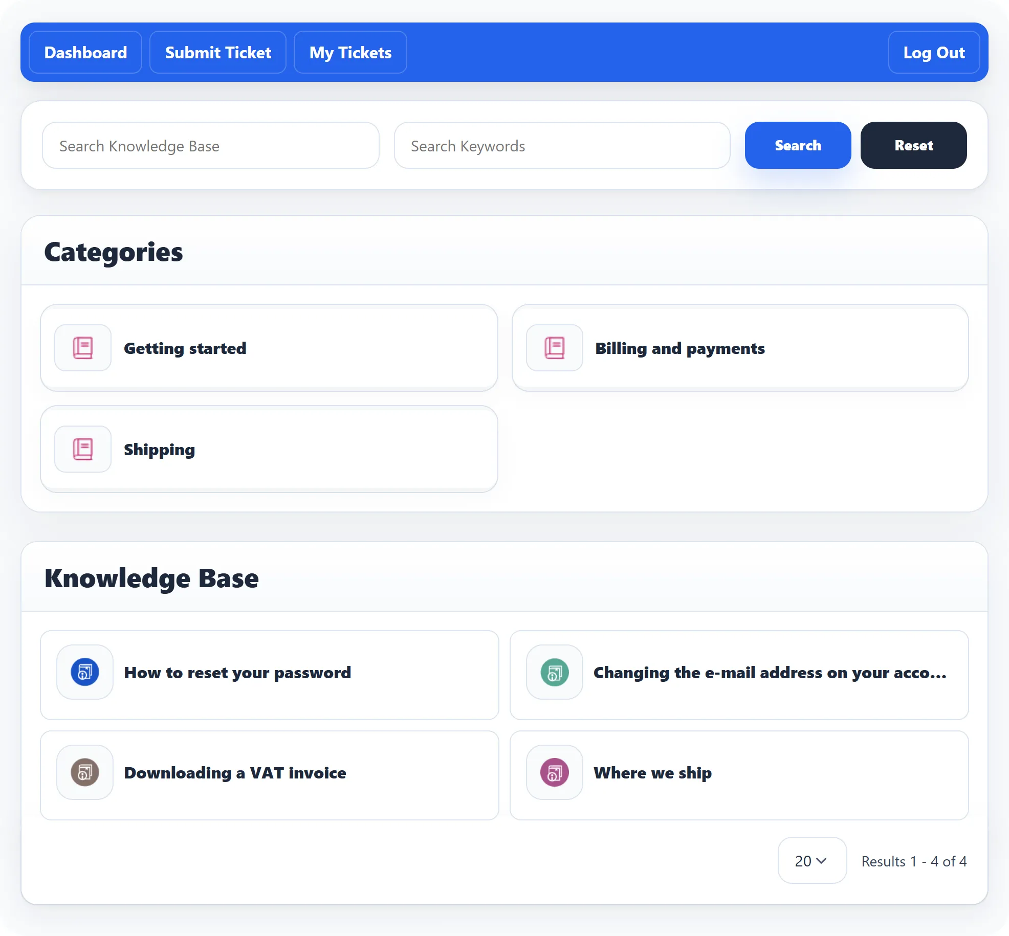 The Knowledge Base page: Search Knowledge Base and Search Keywords boxes with Search and Reset, the categories Getting started, Billing and payments and Shipping, and four articles: How to reset your password, Changing the e-mail address on your account, Downloading a VAT invoice and Where we ship.