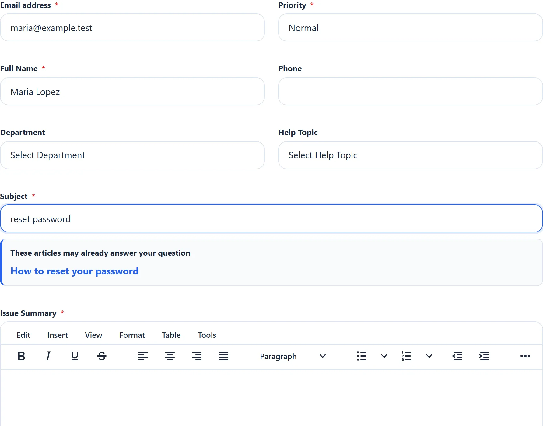The Subject field with “reset password” typed in, and under it the heading These articles may already answer your question with a link to How to reset your password.