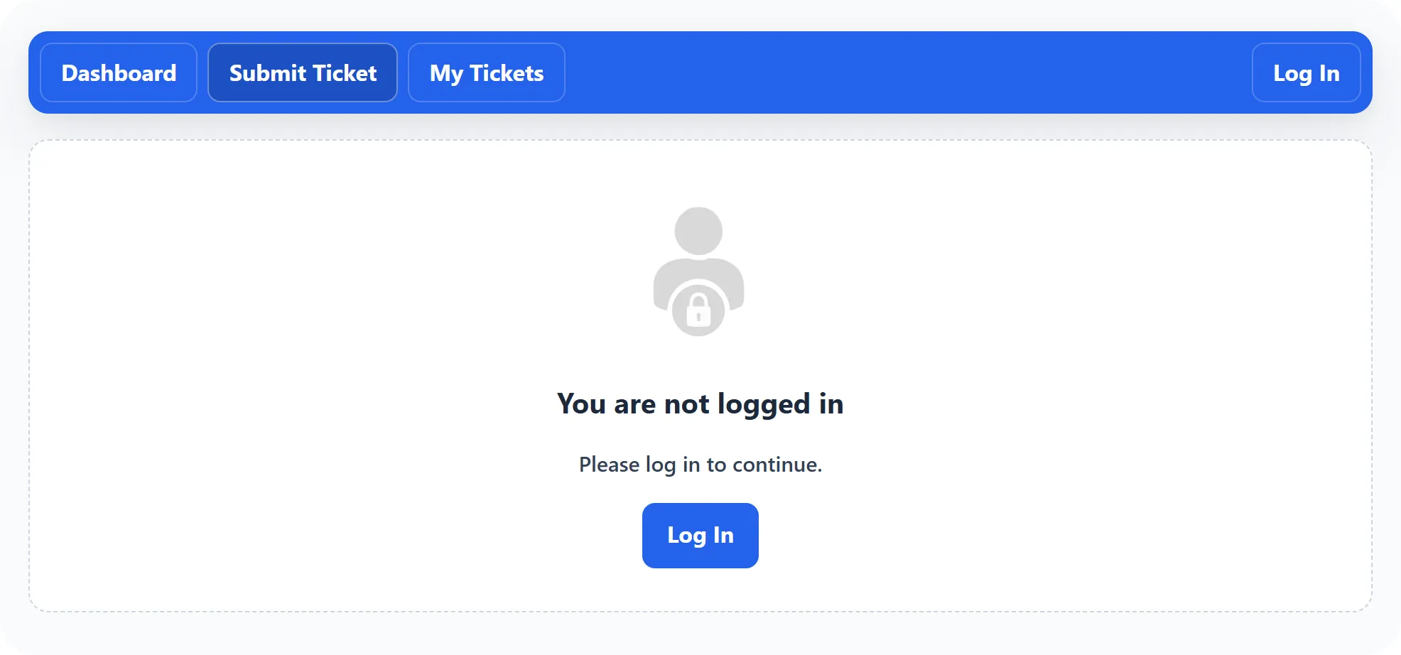 The Submit Ticket page for a visitor on a help desk that only takes tickets from members: You are not logged in, Please log in to continue, and a Log In button.
