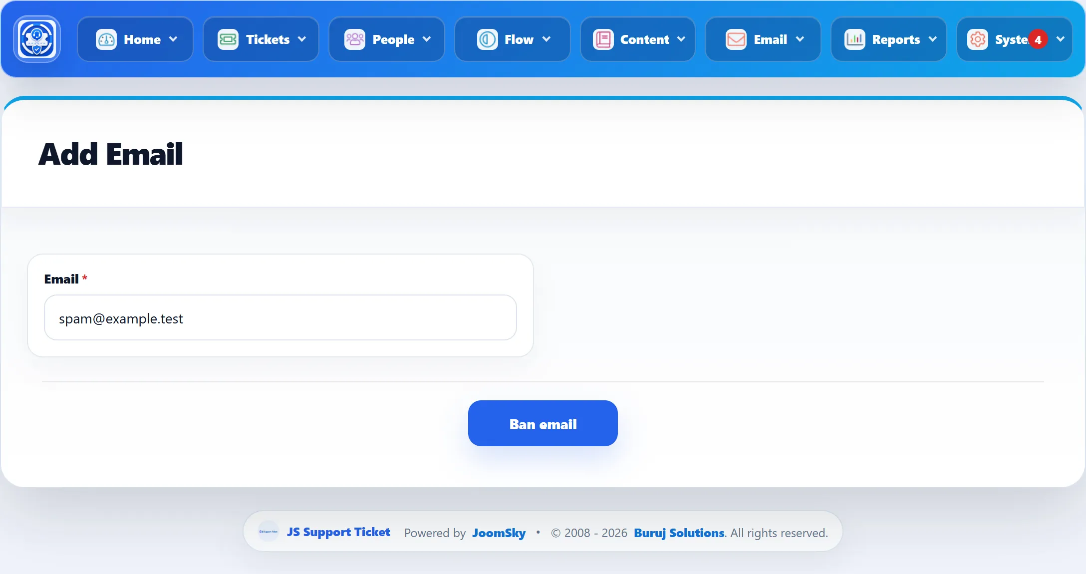 The Add Email form of the ban list: one Email field and the Ban email button.