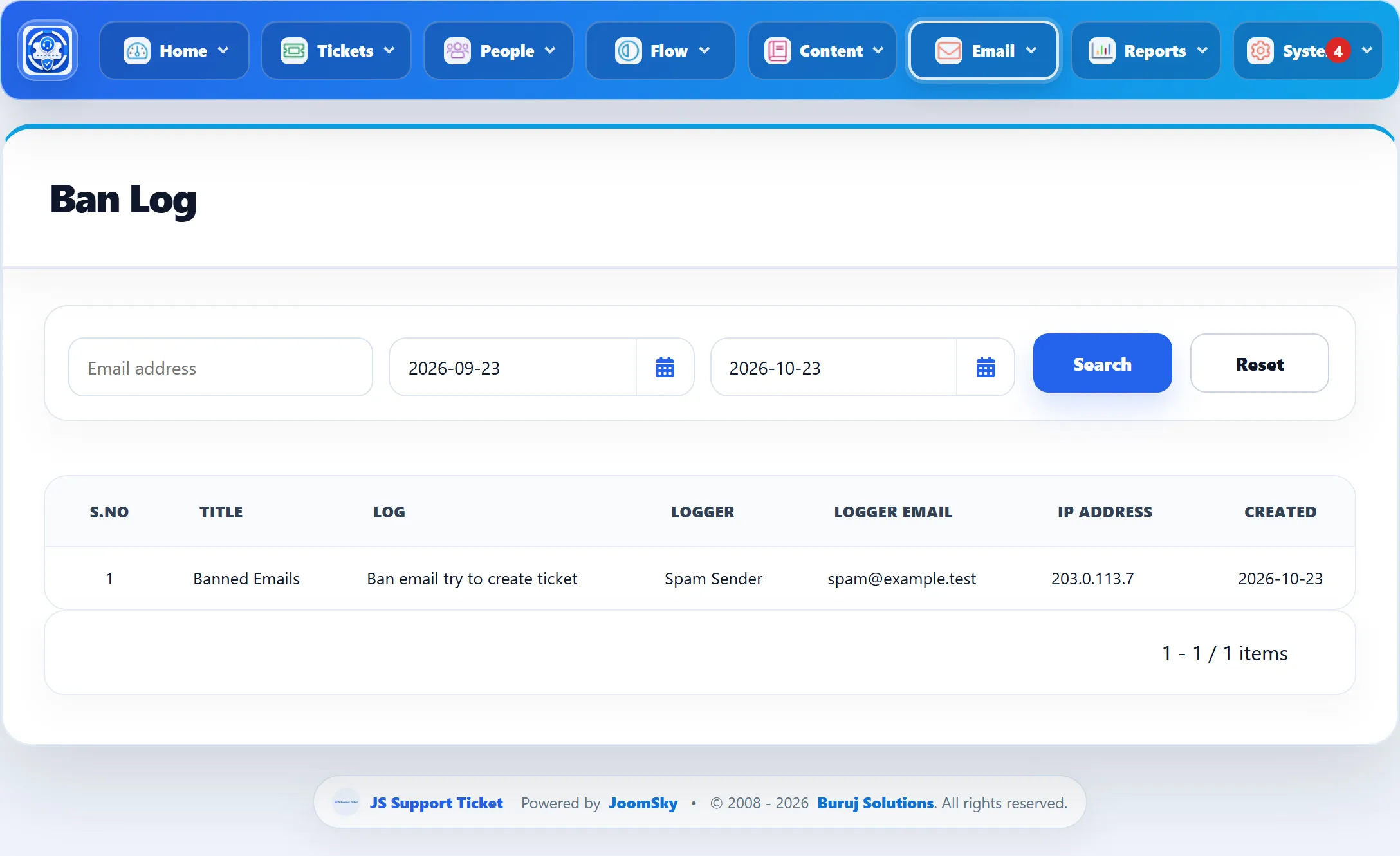 The Ban Log: Email address, Start Date and End Date filters, and a row for a blocked attempt with its title, log text, name, email, IP address and date.