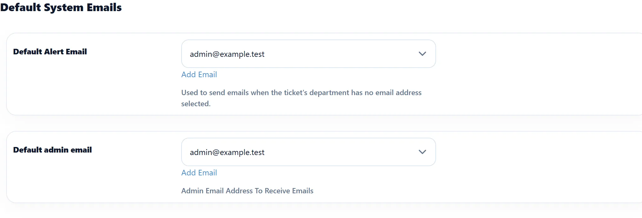 The Default System Email tab: Default Alert Email and Default admin email menus, each with an Add Email link.