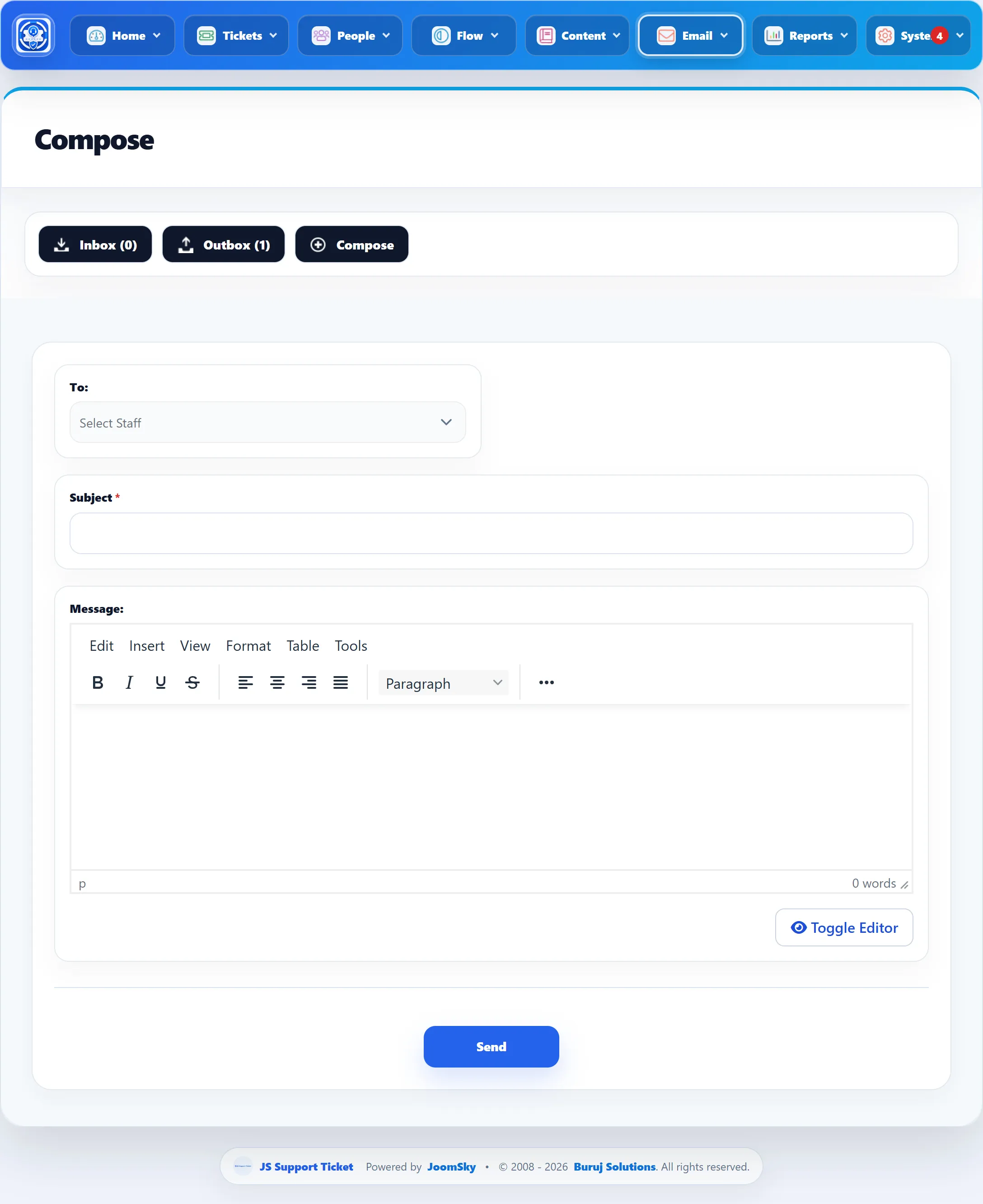 The Compose screen: Inbox, Outbox and Compose buttons, then To, Subject and Message fields and the Send button.
