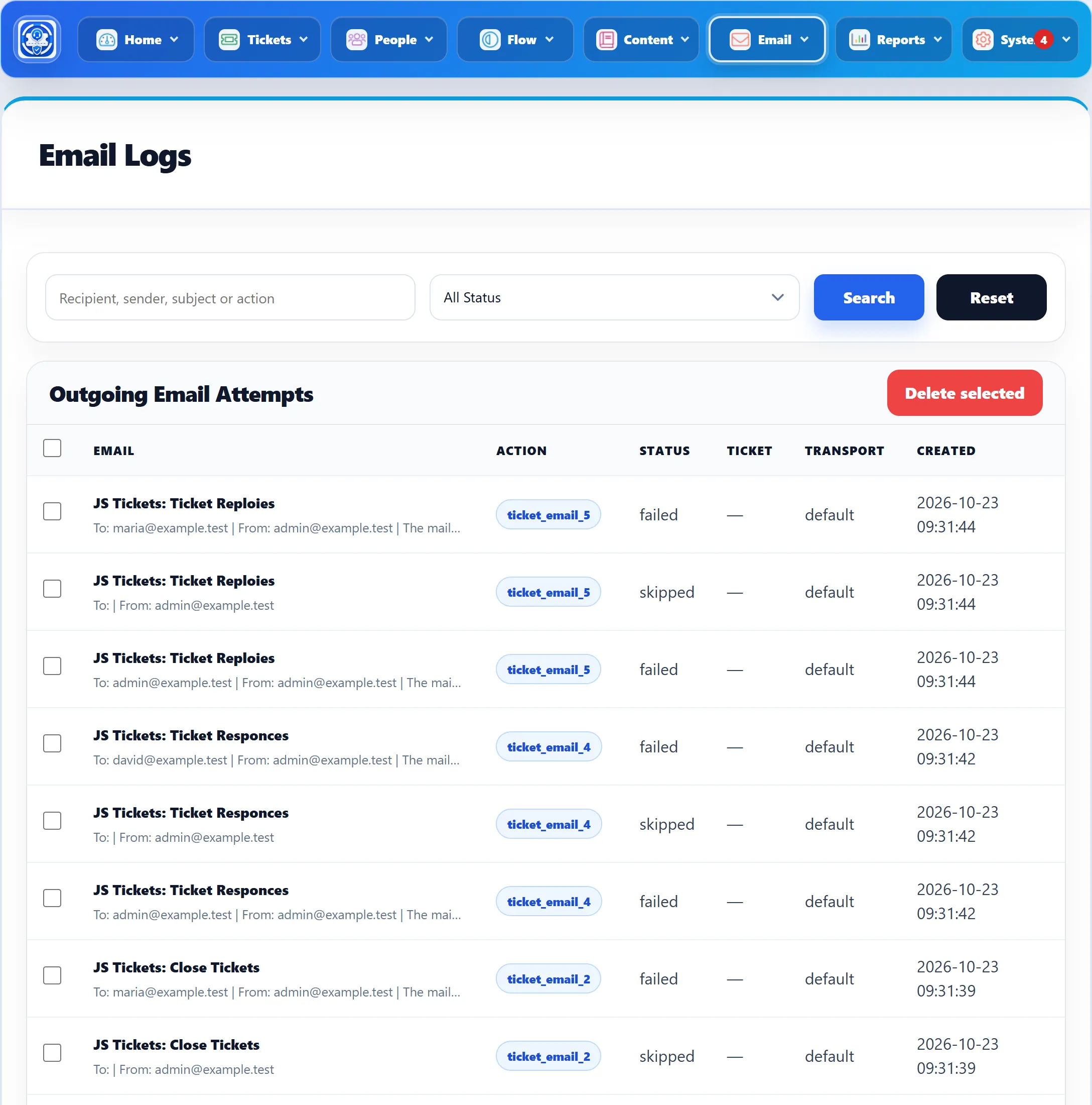 The Email Logs screen: a search box, an All Status menu, and rows of ticket emails with their subject, recipient, sender, action code, status failed or skipped, and transport default.