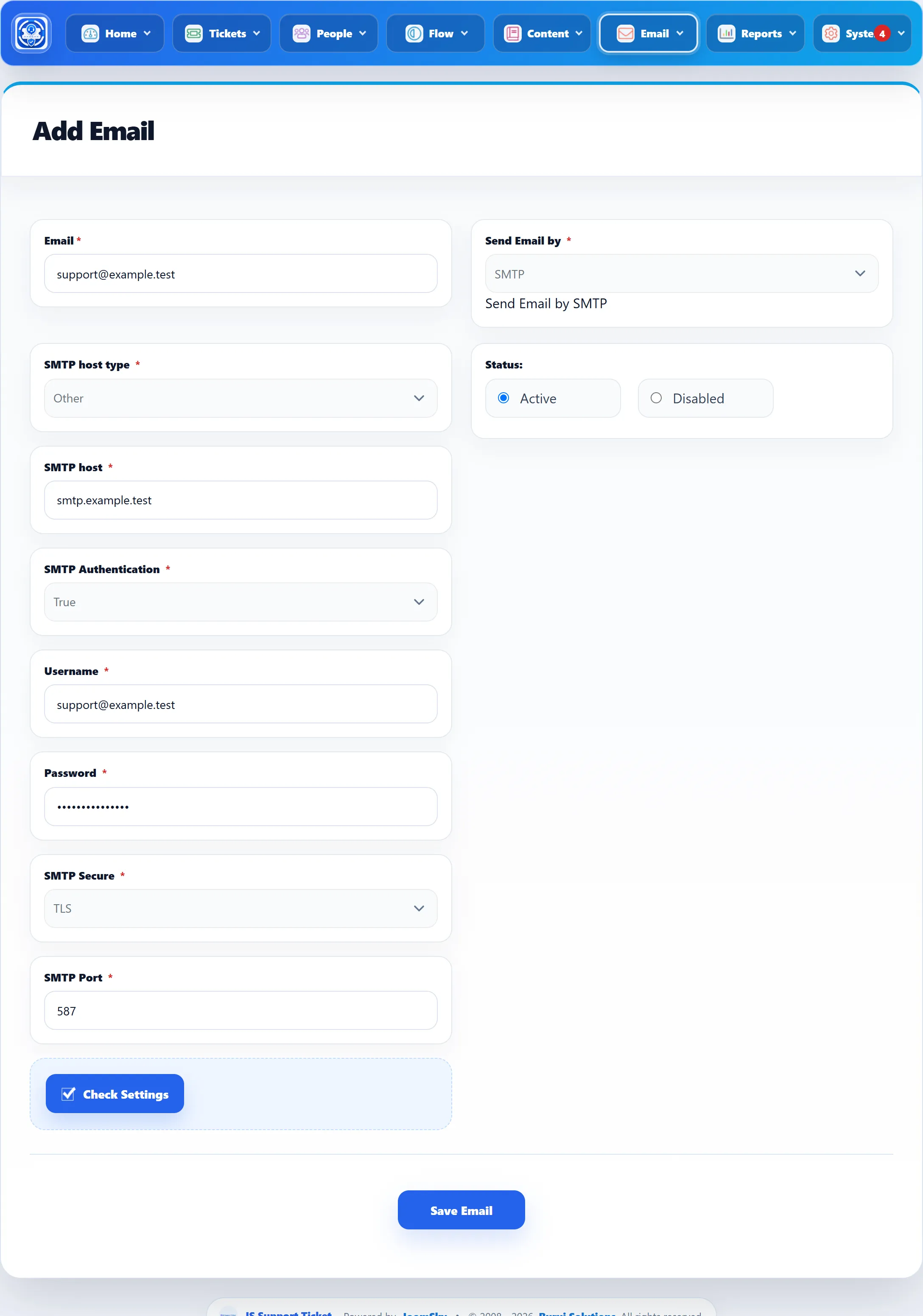 The Add Email form with SMTP chosen: Email, Send Email by, SMTP host type, SMTP host, SMTP Authentication, Username, Password, SMTP Secure, SMTP Port, the Check Settings link and Status.