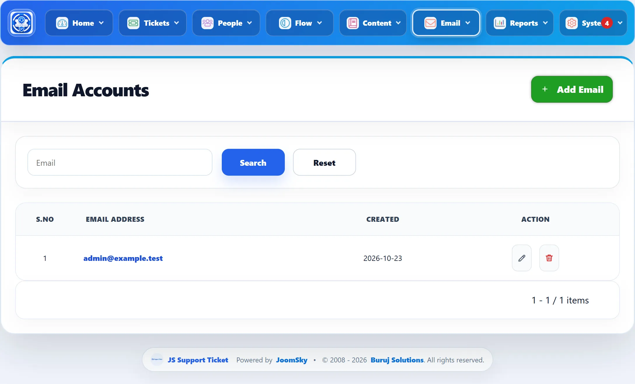 The Email Accounts list with one address, admin@example.test, its created date and edit and delete buttons.