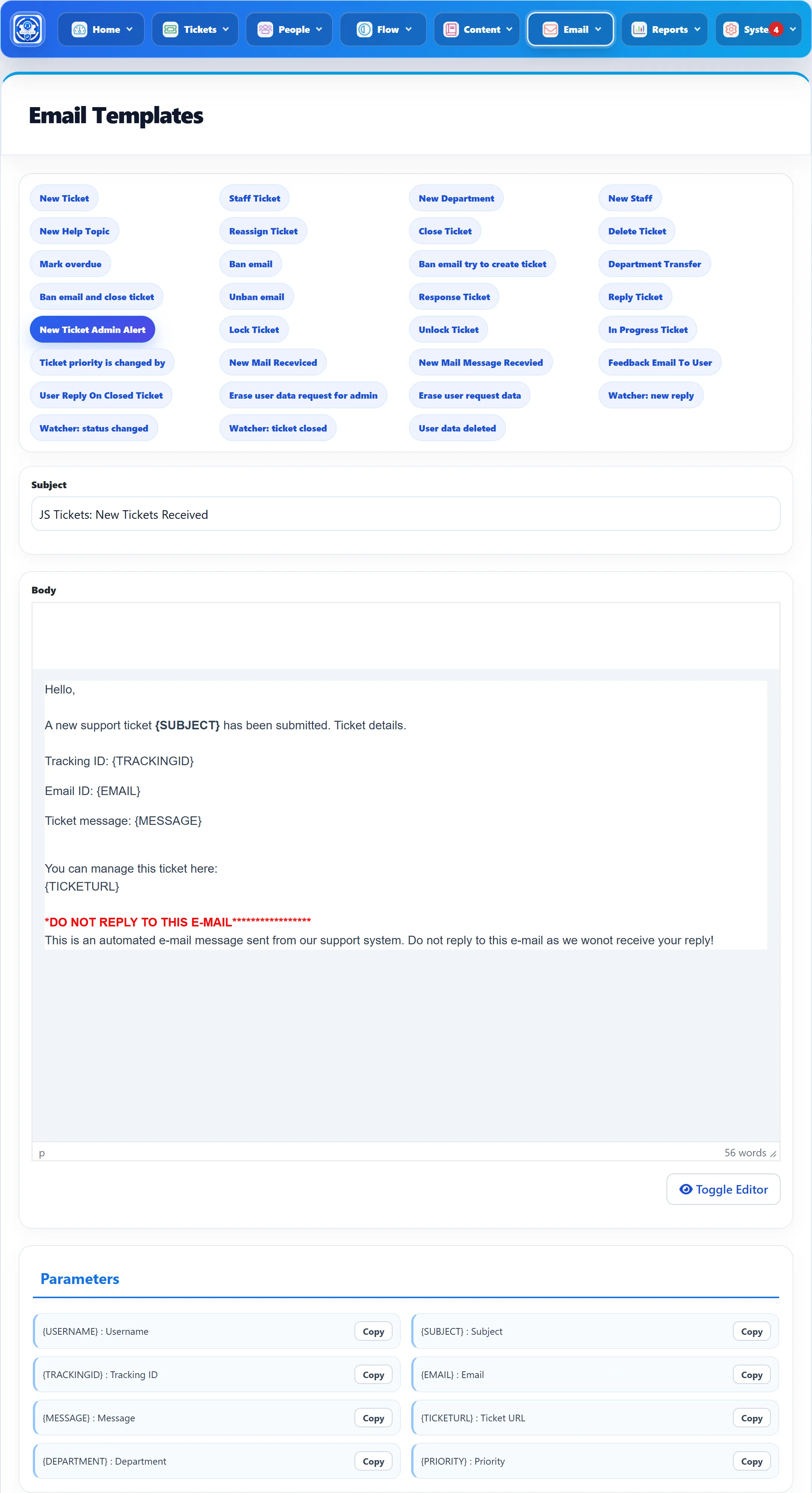 The Email Templates screen with New Ticket Admin Alert selected: the row of template buttons, the Subject box, the Body editor and the Parameters list with Copy buttons.