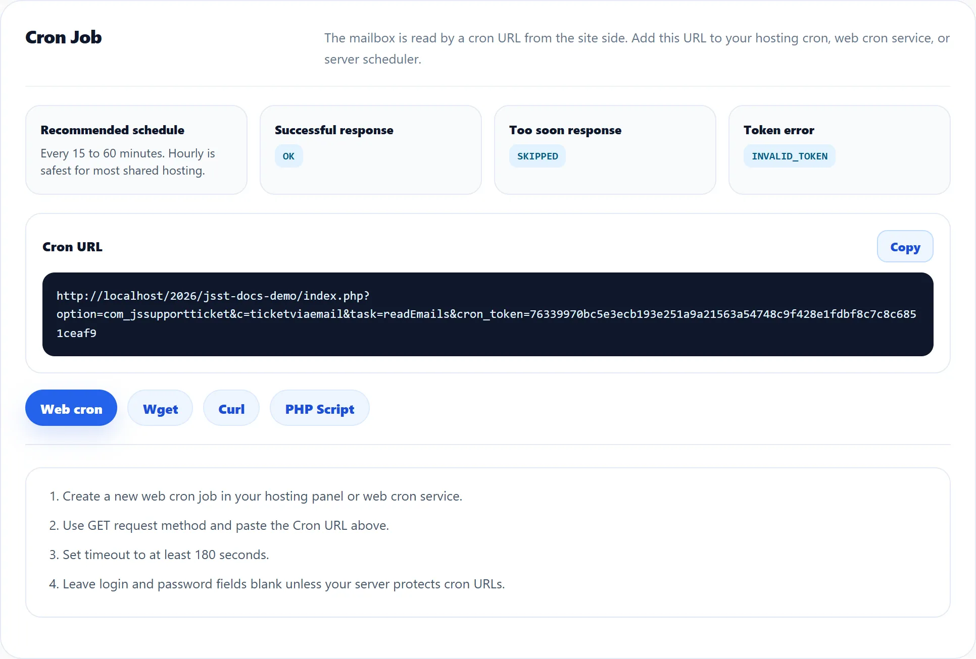 The Cron Job section: recommended schedule, the OK, SKIPPED and INVALID_TOKEN responses, the Cron URL with a Copy button, and the Web cron, Wget, Curl and PHP Script tabs.