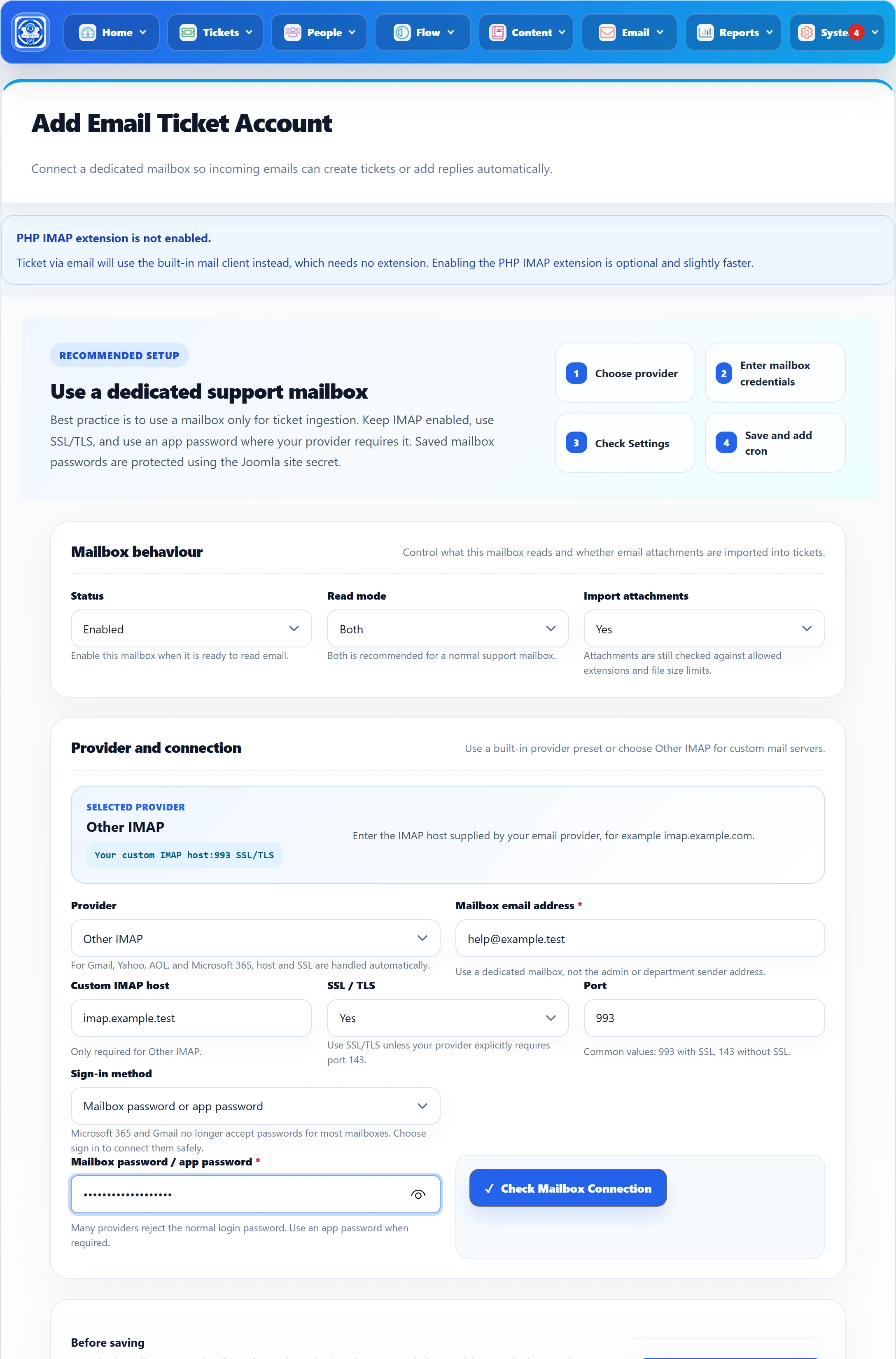The Add Email Ticket Account form with sample values: Status Enabled, Read mode Both, Import attachments Yes, Provider Other IMAP with host, SSL / TLS and port, the mailbox address and password, and the Check Mailbox Connection button.