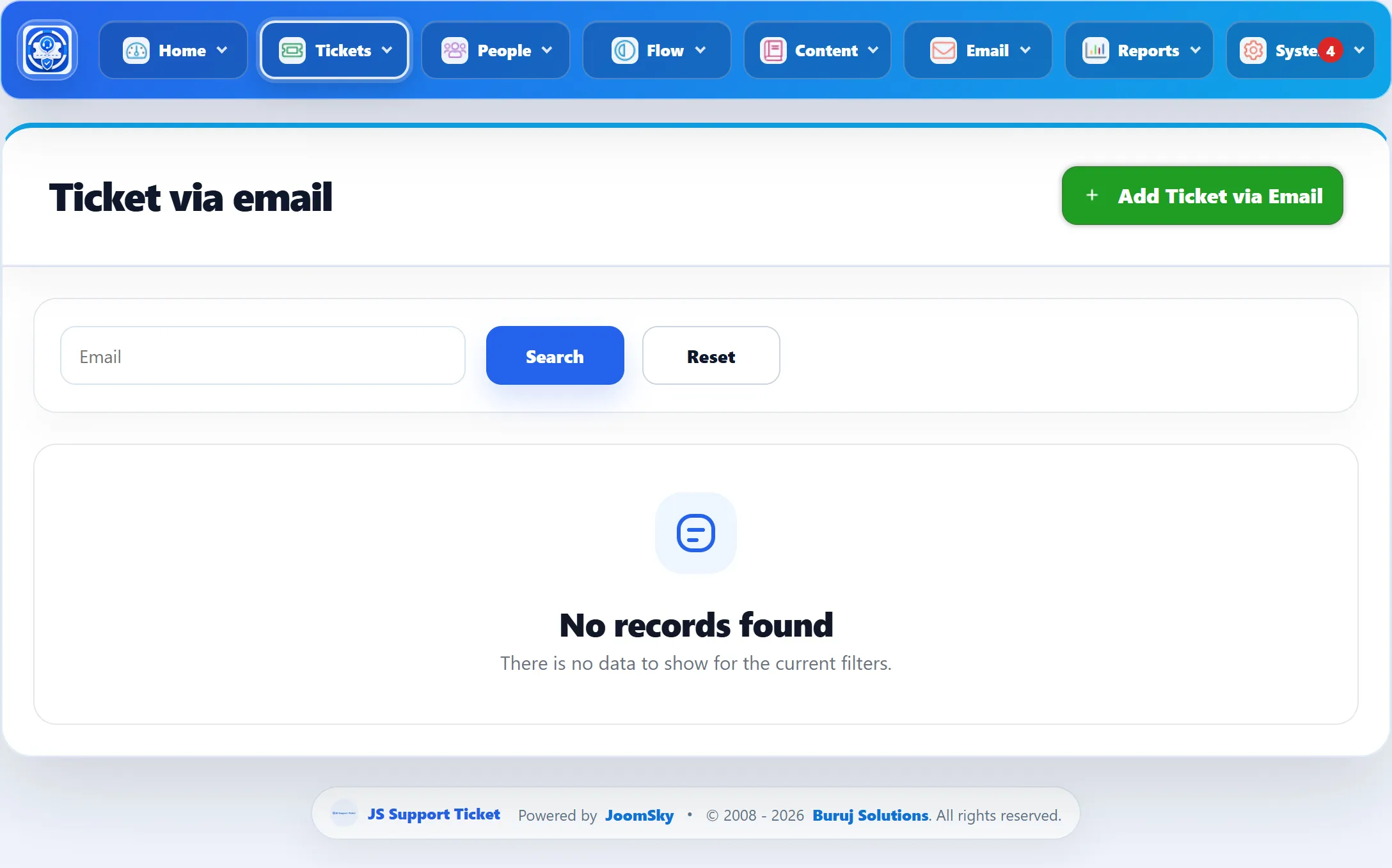 The Ticket via email list, empty, with an Email search box and the Add Ticket via Email button.