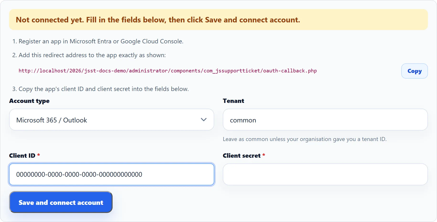The sign-in section of the mailbox form: the not-connected status, the three numbered instructions with the redirect address and Copy button, Account type, Tenant, Client ID, Client secret and the Save and connect account button.