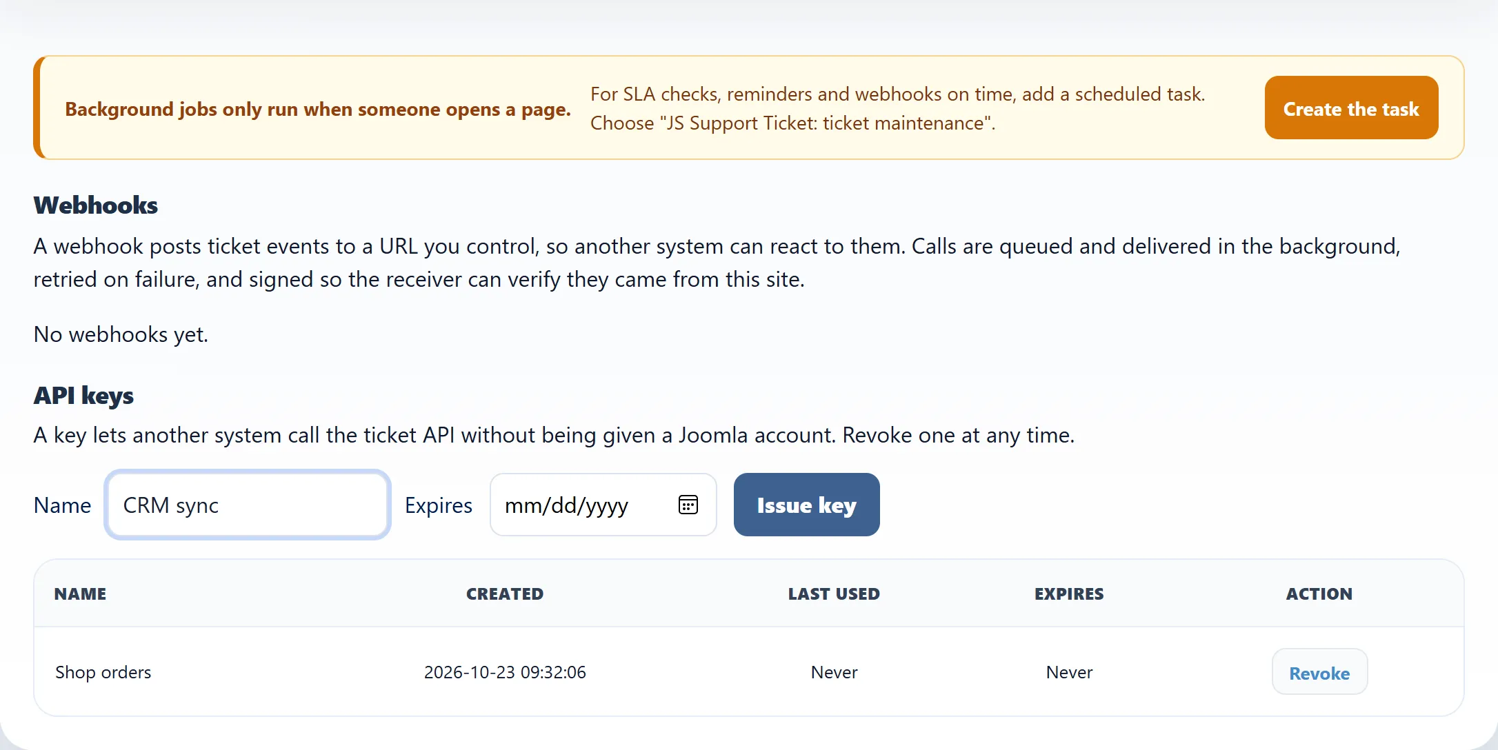 The API keys section of the Integrations screen: the Name and Expires fields, the Issue key button, and the list of keys with Created, Last used and Expires columns.