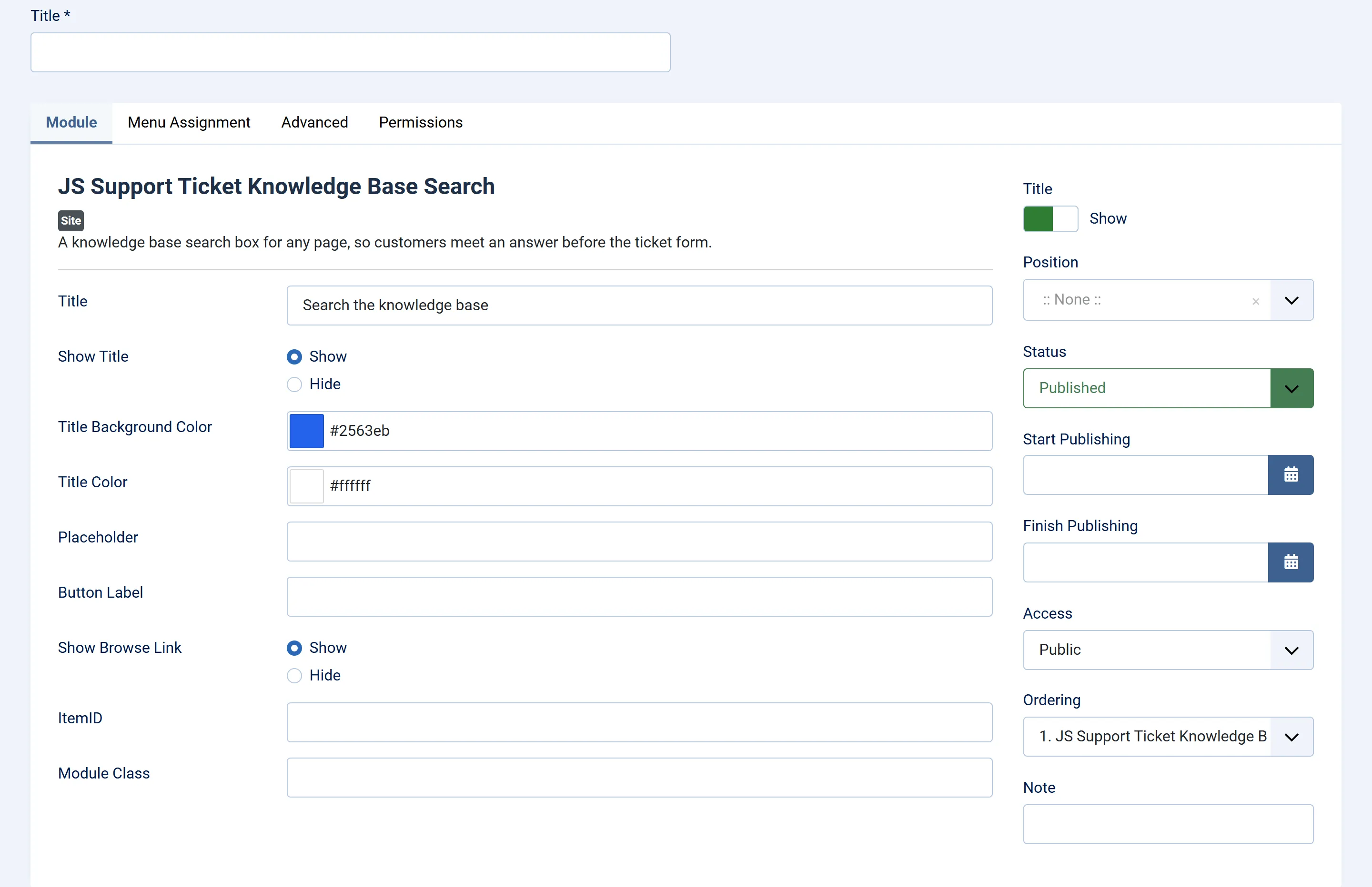 The module’s edit screen in Joomla, Module tab, showing Title, Show Title, Title Background Color, Title Color, Placeholder, Button Label, Show Browse Link and ItemID.