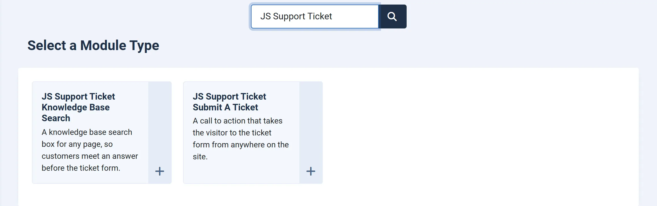 Joomla’s Select a Module Type screen filtered on “JS Support Ticket”, showing the Knowledge Base Search and Submit A Ticket module types.