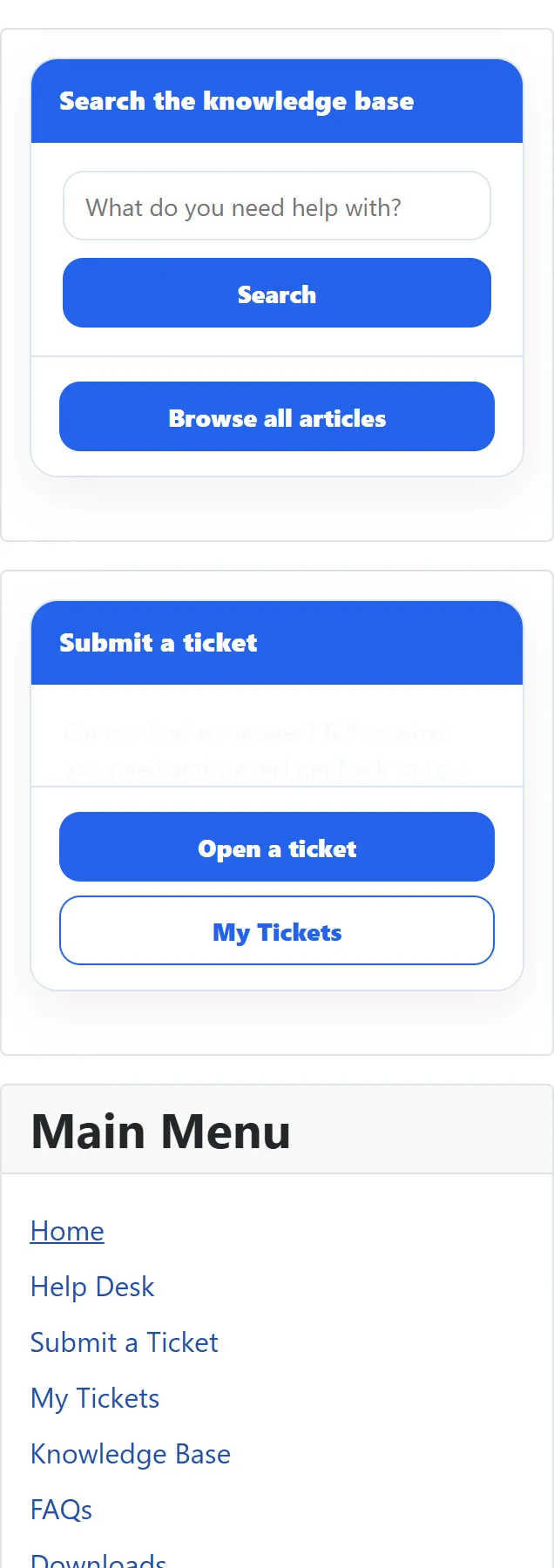 The Submit a ticket card in the site’s right sidebar: a blue “Submit a ticket” title bar, the text “Cannot find an answer? Tell us what you need and we will get back to you.”, an “Open a ticket” button and a “My Tickets” link.