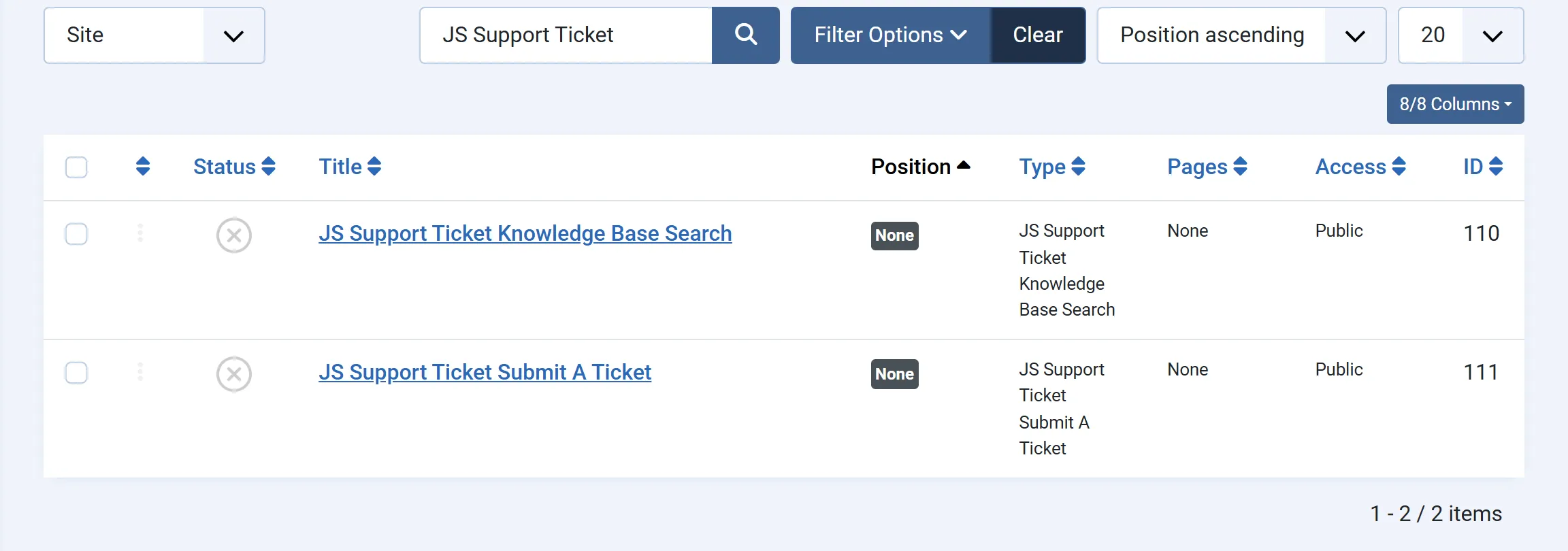 Joomla’s Site Modules screen filtered on “JS Support Ticket”, showing the Knowledge Base Search and Submit A Ticket modules, unpublished and with no position.