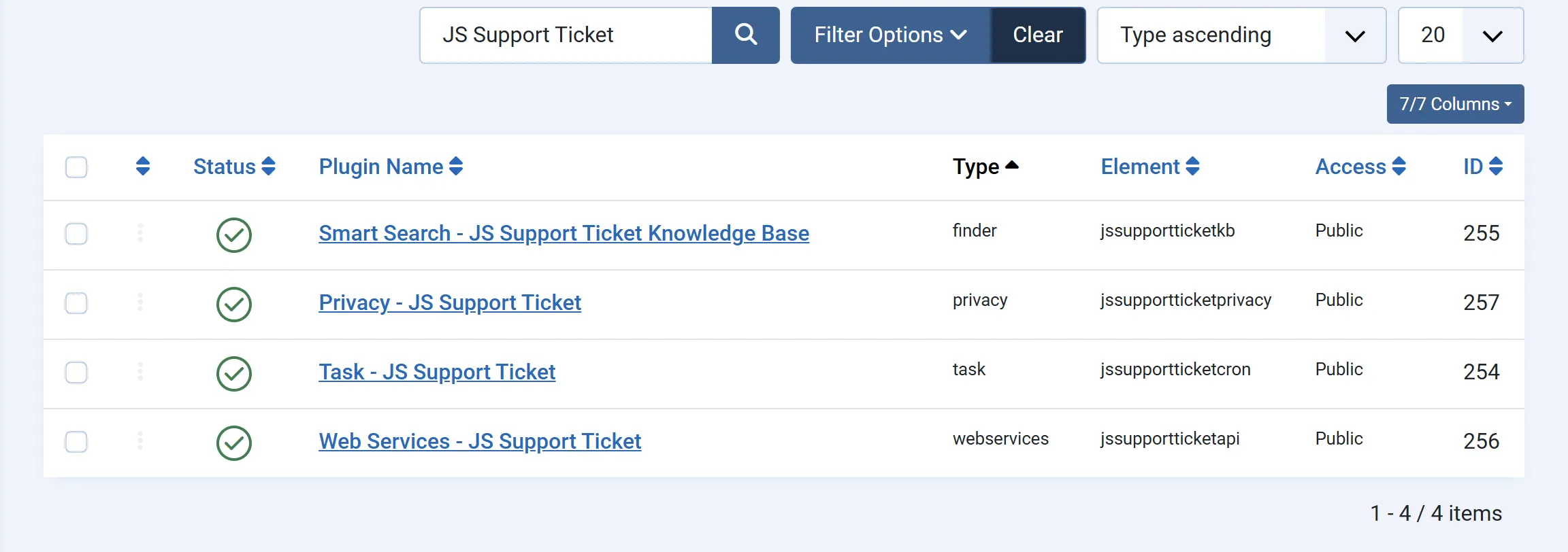 Joomla’s Plugins screen filtered on “JS Support Ticket”, listing the four plugins (Smart Search, Privacy, Task and Web Services), all enabled.